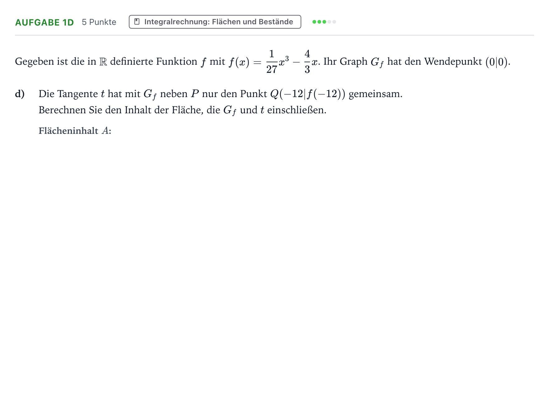 Aufgabenstellung: Aufgabe 1d - Integralrechnung · Abitur NRW Mathematik GK · Teil B · Analysis (WTR) 2023