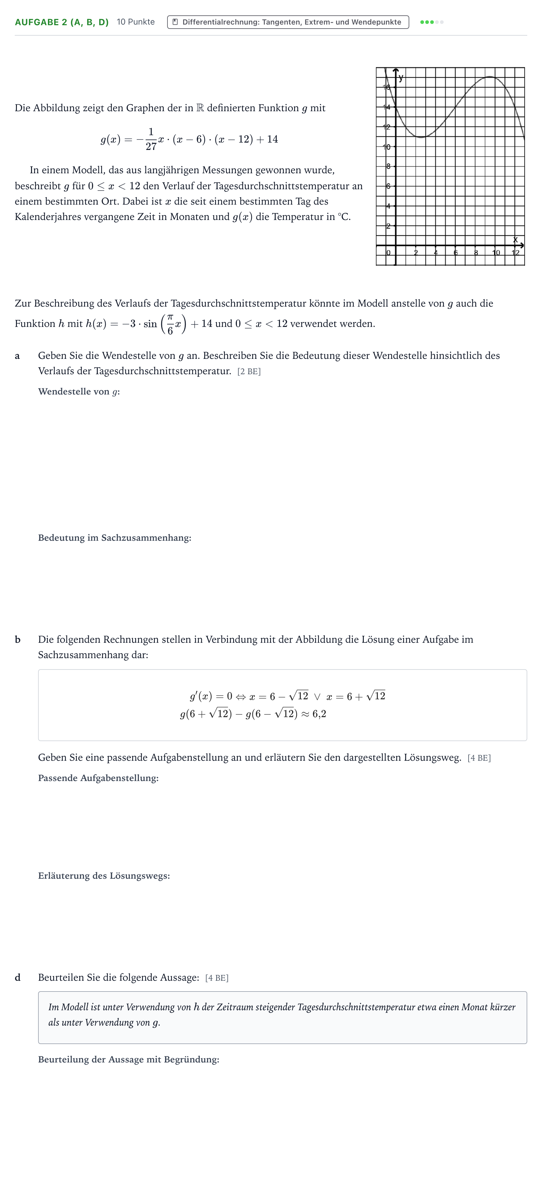 Aufgabenstellung: Aufgabe 2 (a, b, d) - Differentialrechnung · Abitur NRW Mathematik GK · Teil B · Analysis (WTR) 2023