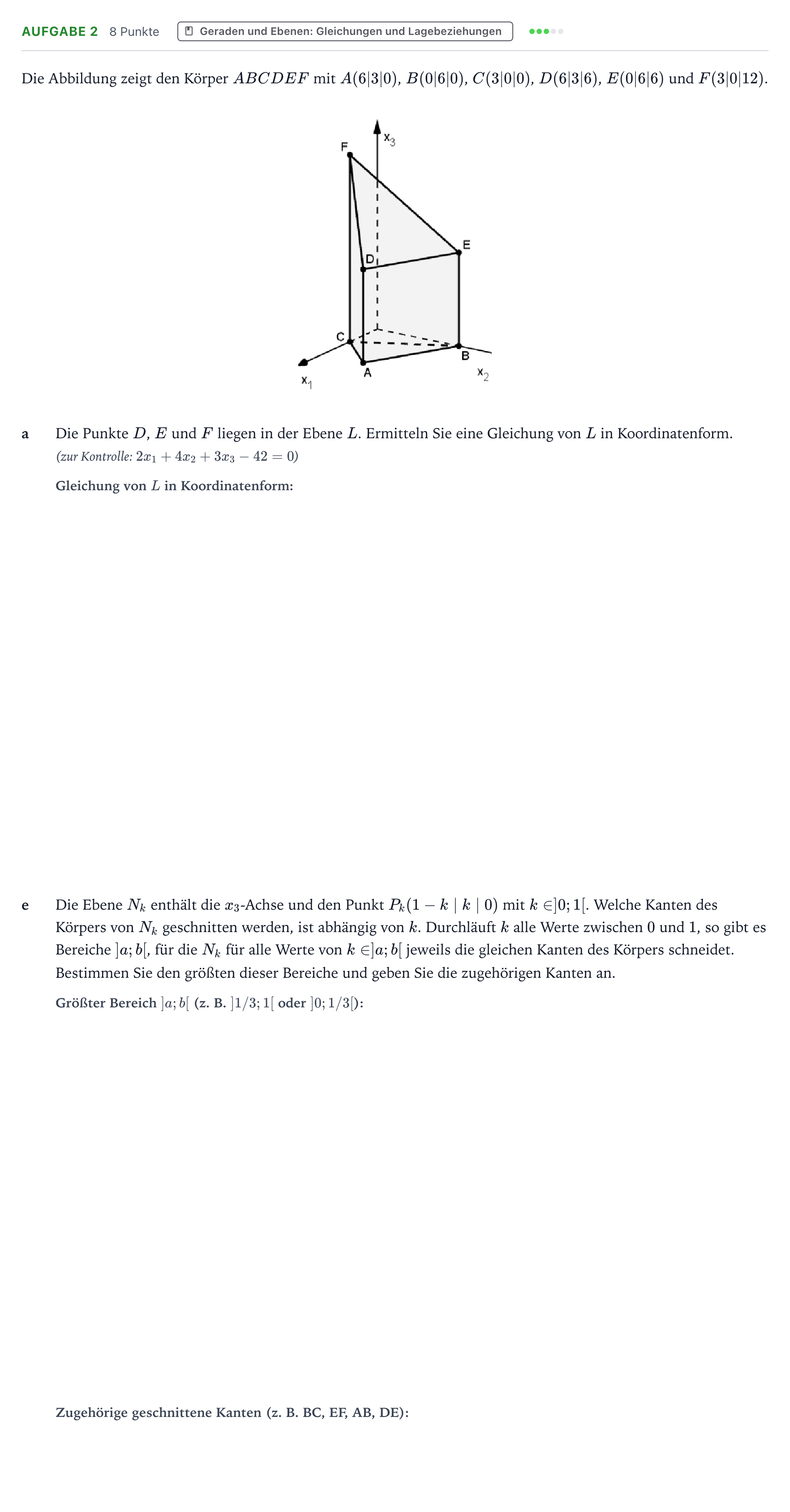 Aufgabenstellung: Aufgabe 2 - Geraden und Ebenen: Gleichungen und L… · Abitur NRW Mathematik LK · Teil B · Analytische Geometrie (WTR 2023