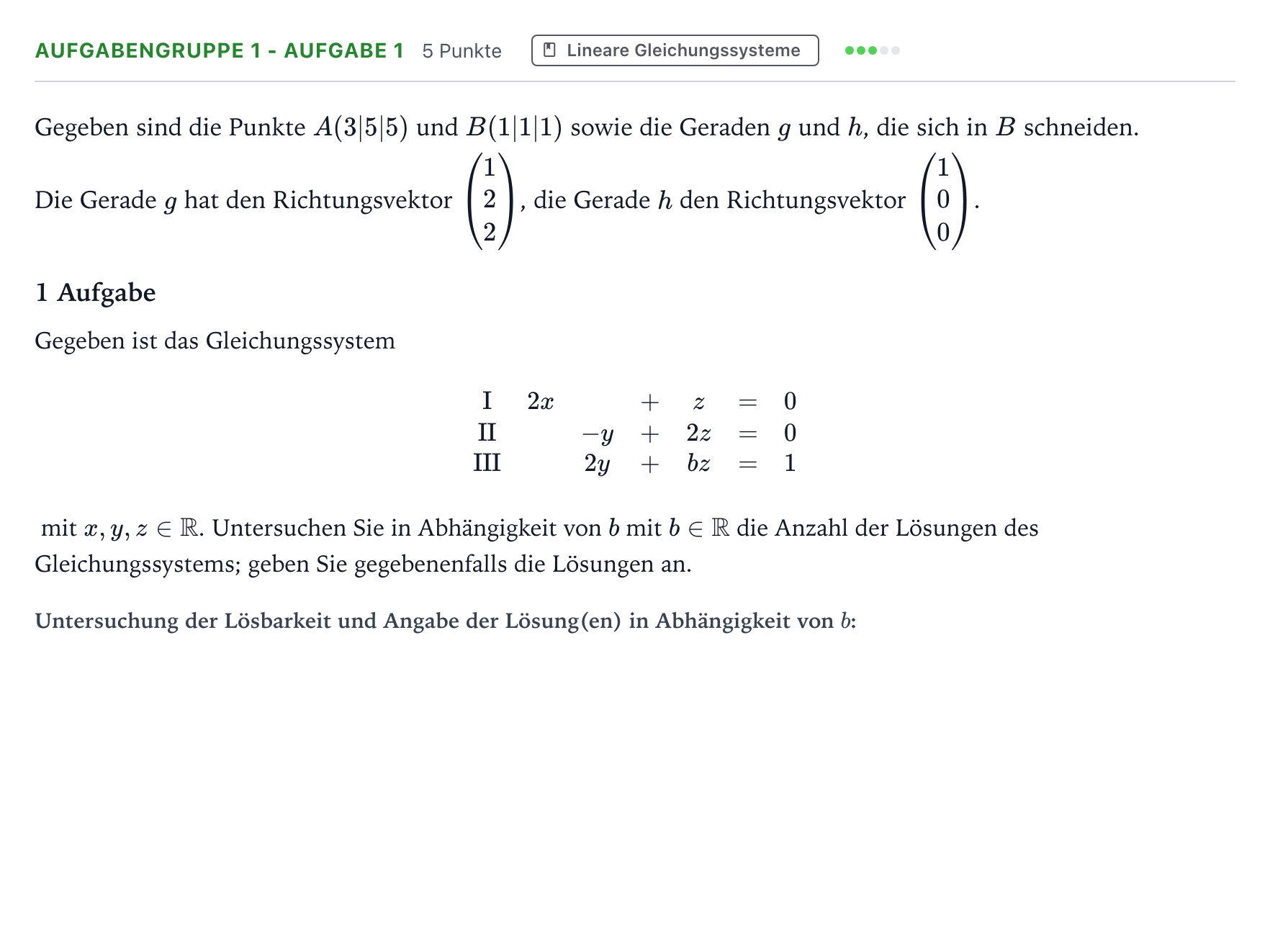 Aufgabenstellung: Aufgabengruppe 1 - Aufgabe 1 · Abitur NRW Mathematik LK · Teil A · Analytische Geometrie 2023