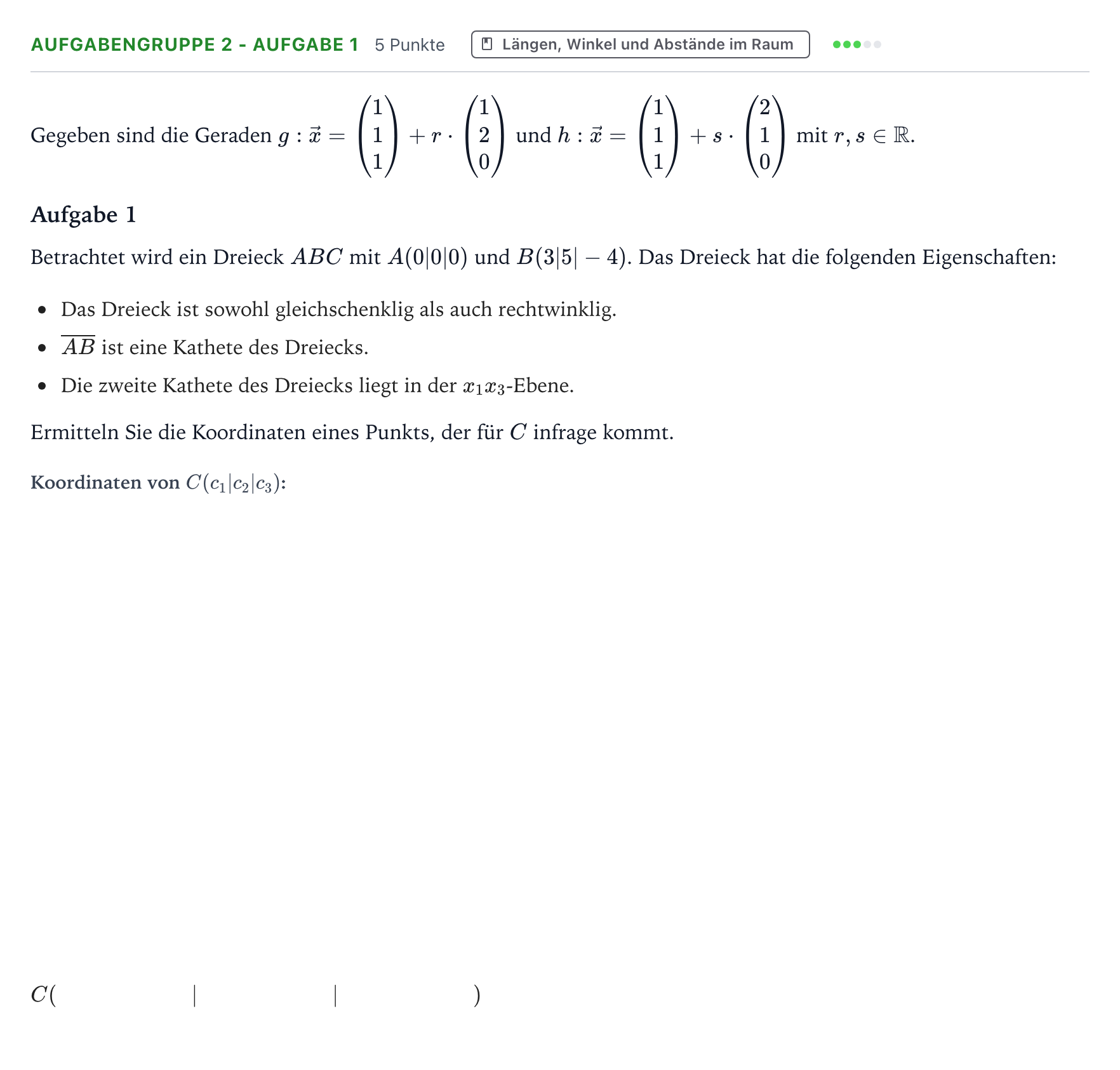 Aufgabenstellung: Aufgabengruppe 2 - Aufgabe 1 · Abitur NRW Mathematik LK · Teil A · Analytische Geometrie 2023