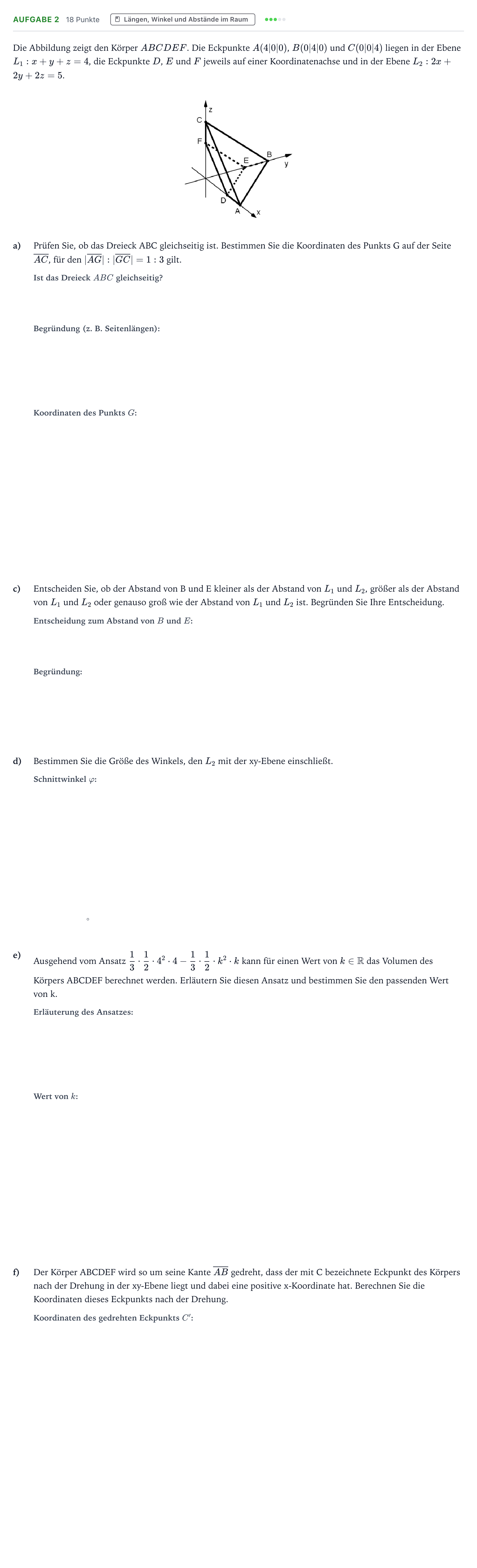 Aufgabenstellung: Aufgabe 2 - Längen, Winkel und Abstände · Abitur NRW Mathematik GK · Teil B · Analytische Geometrie (CAS 2023