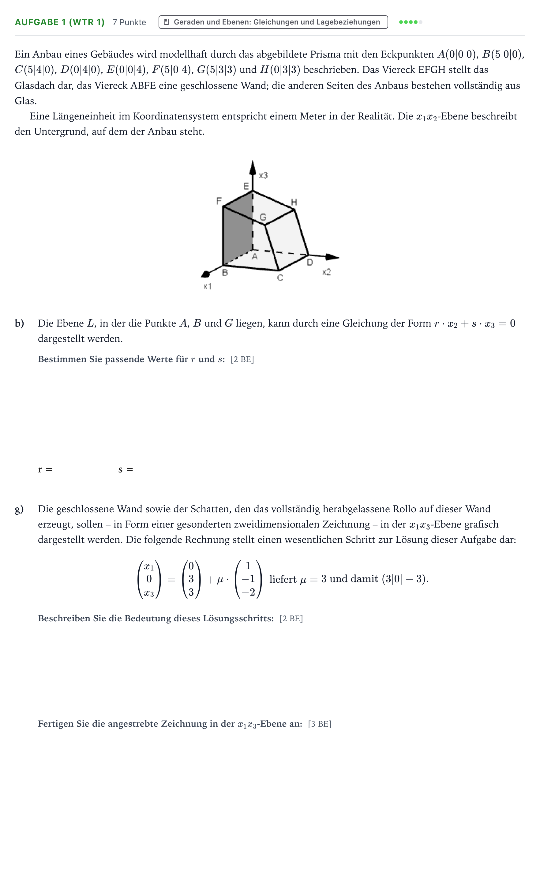 Aufgabenstellung: Aufgabe 1 (WTR 1) - Geraden und Ebenen: Gleichung… · Abitur NRW Mathematik GK · Teil B · Analytische Geometrie (WTR 2023