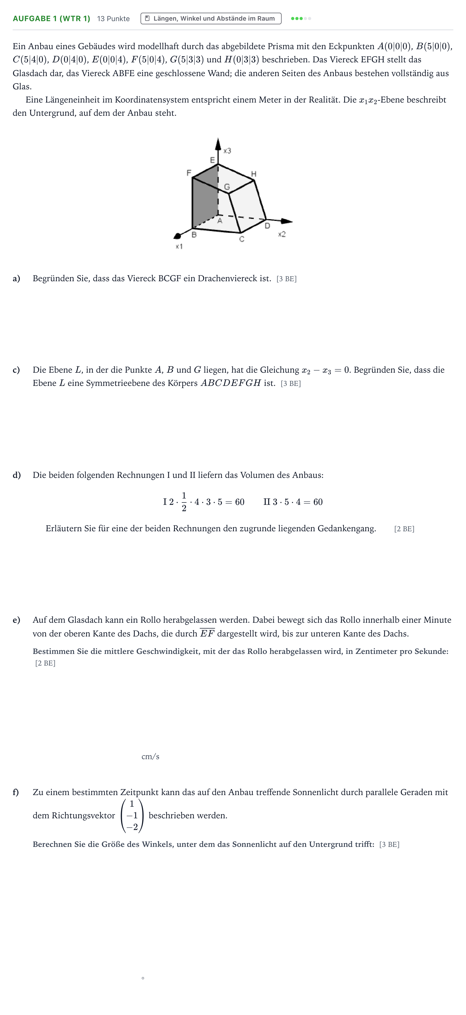 Aufgabenstellung: Aufgabe 1 (WTR 1) - Längen, Winkel und Abstände i… · Abitur NRW Mathematik GK · Teil B · Analytische Geometrie (WTR 2023