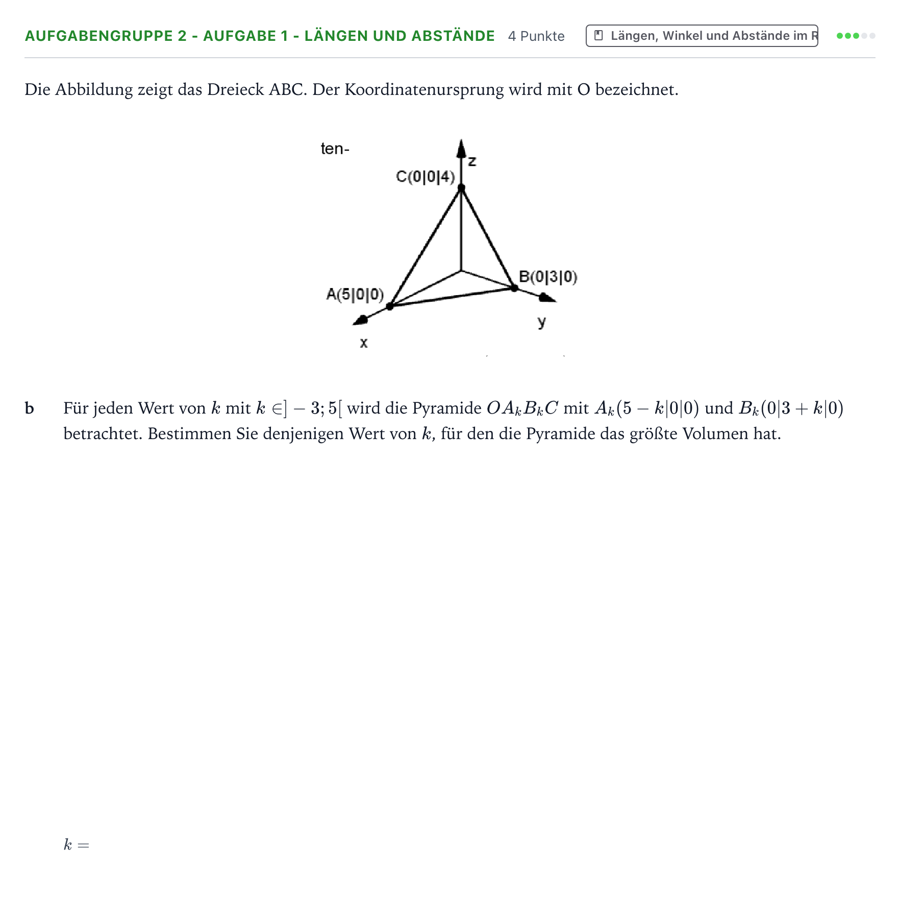 Aufgabenstellung: Aufgabengruppe 2 - Aufgabe 1 - Längen und Abstände · Abitur NRW Mathematik GK · Teil A · Analytische Geometrie 2023