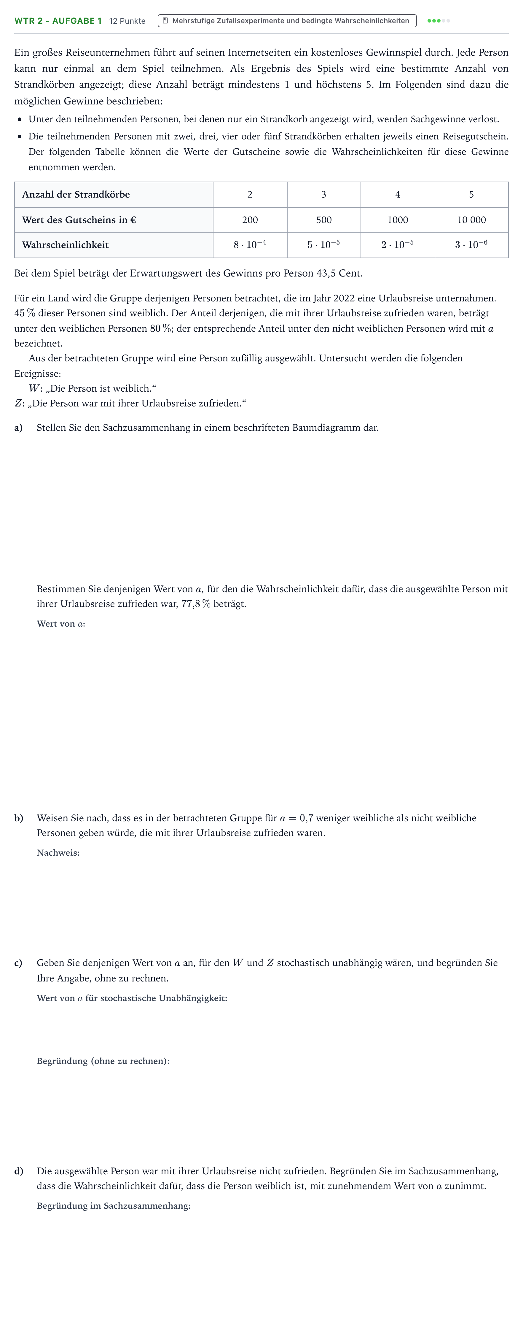 Aufgabenstellung: Aufgabe WTR 2 - Aufgabe 1 · Abitur NRW Mathematik LK · Teil B · Stochastik (WTR) 2023