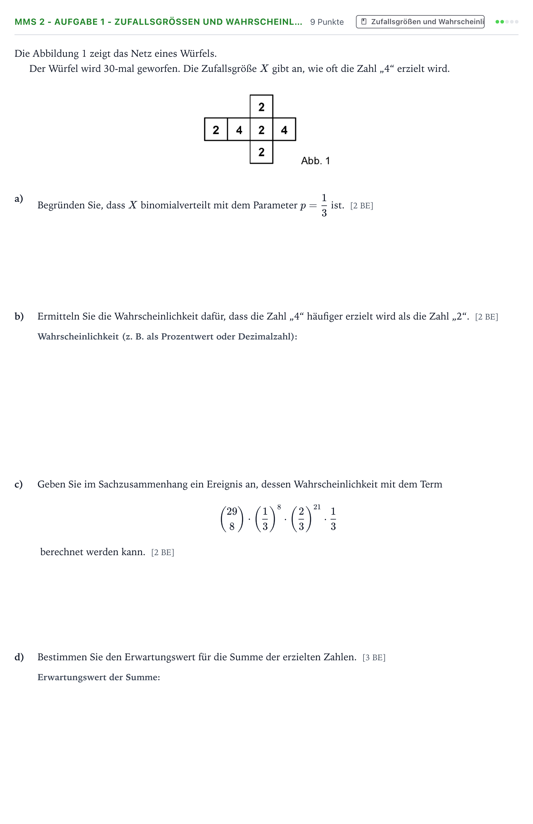 Aufgabenstellung: Aufgabe MMS 2 - Aufgabe 1 - Zufallsgrößen und Wahrscheinl… · Abitur NRW Mathematik GK · Teil B · Stochastik (CAS) 2023