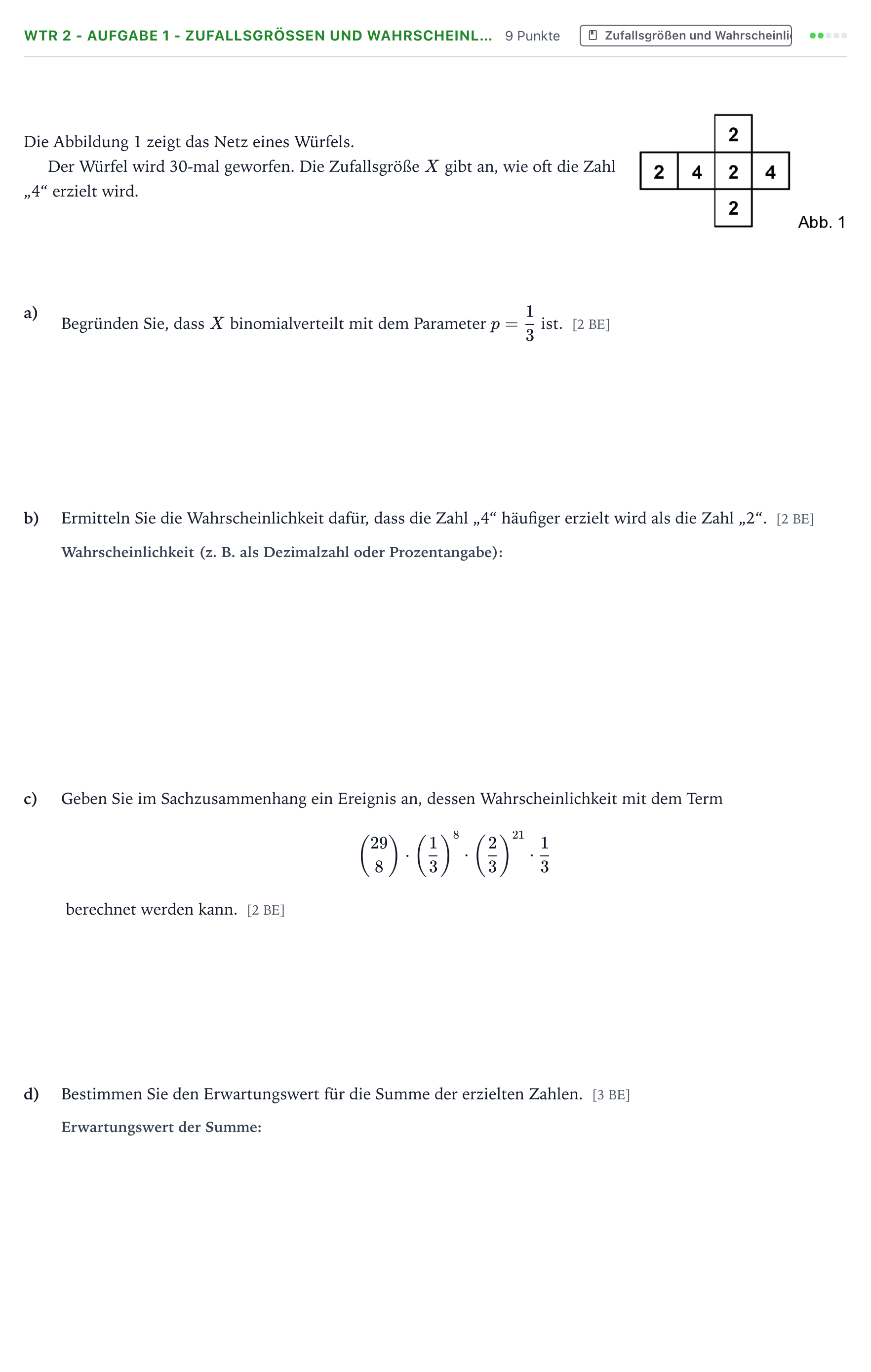 Aufgabenstellung: Aufgabe WTR 2 - Aufgabe 1 - Zufallsgrößen und Wahrscheinl… · Abitur NRW Mathematik GK · Teil B · Stochastik (WTR) 2023