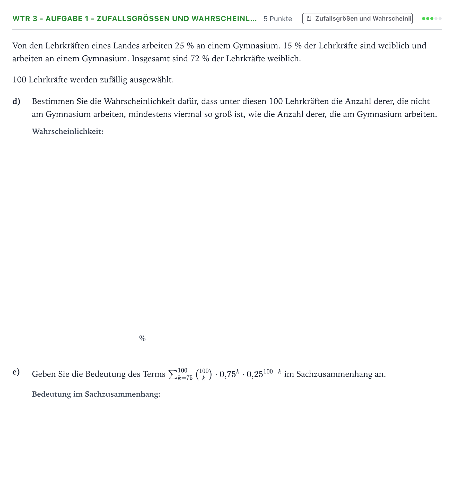Aufgabenstellung: Aufgabe WTR 3 - Aufgabe 1 - Zufallsgrößen und Wahrscheinl… · Abitur NRW Mathematik GK · Teil B · Stochastik (WTR) 2023