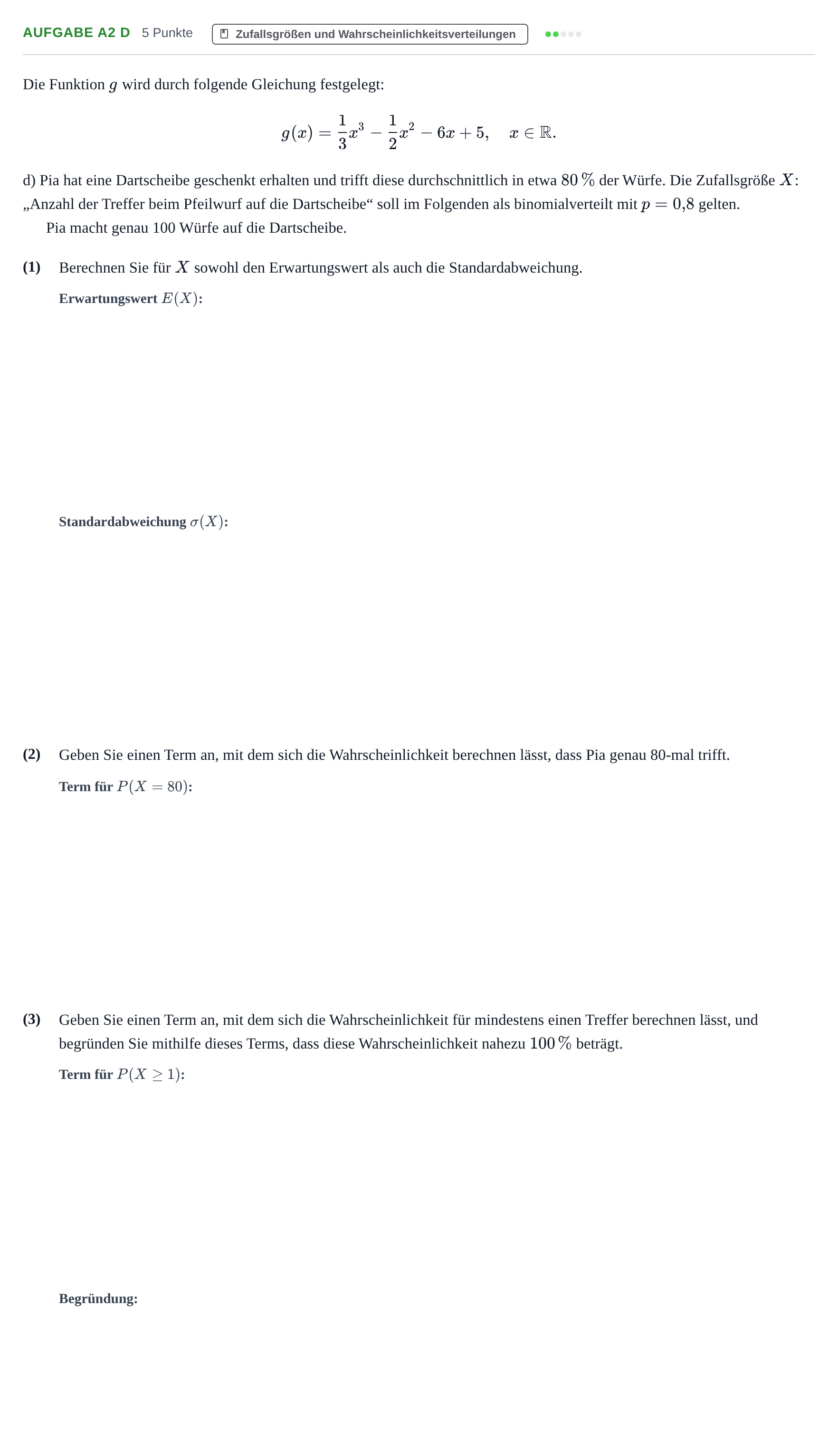 Aufgabenstellung: Aufgabe A2 d · Abitur NRW Mathematik GK · Haupttermin · GTR 2022