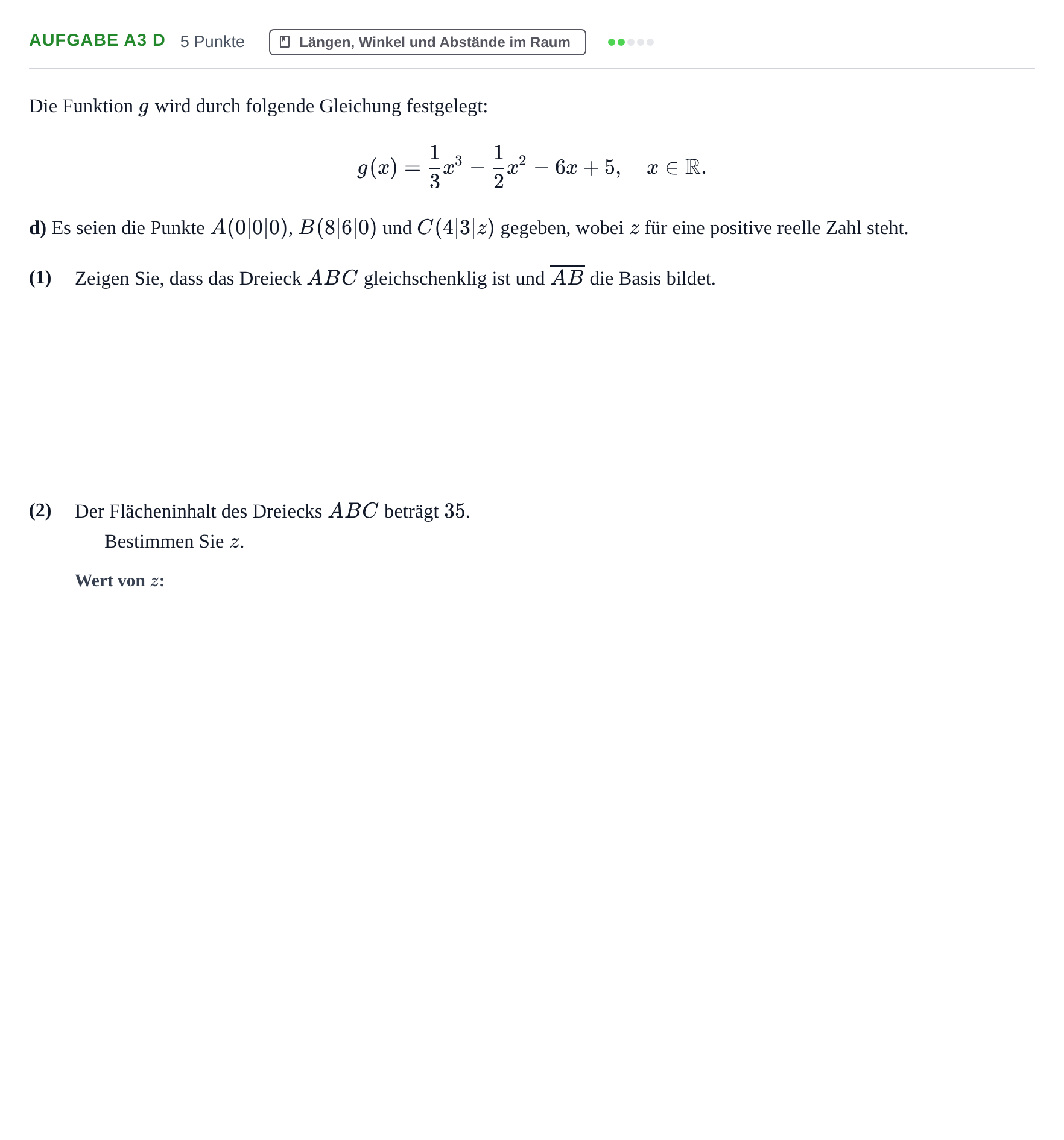 Aufgabenstellung: Aufgabe A3 d · Abitur NRW Mathematik GK · Haupttermin · GTR 2022
