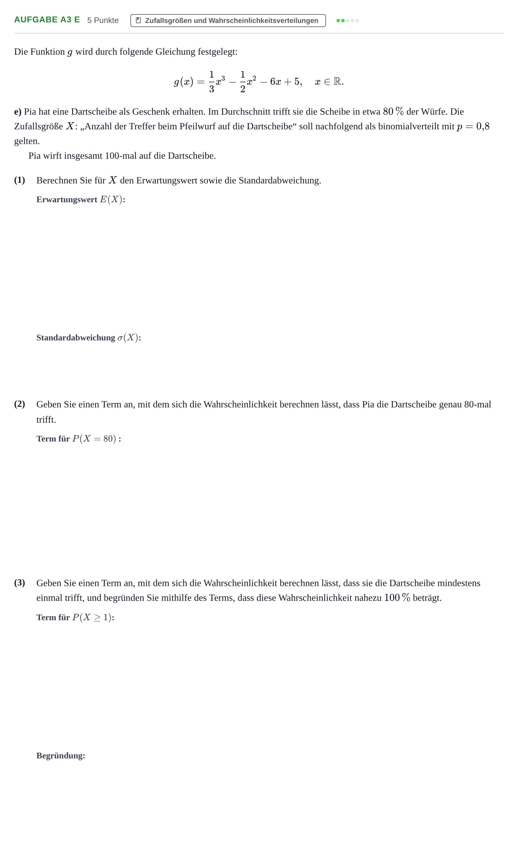 Aufgabenstellung: Aufgabe A3 e · Abitur NRW Mathematik GK · Haupttermin · GTR 2022