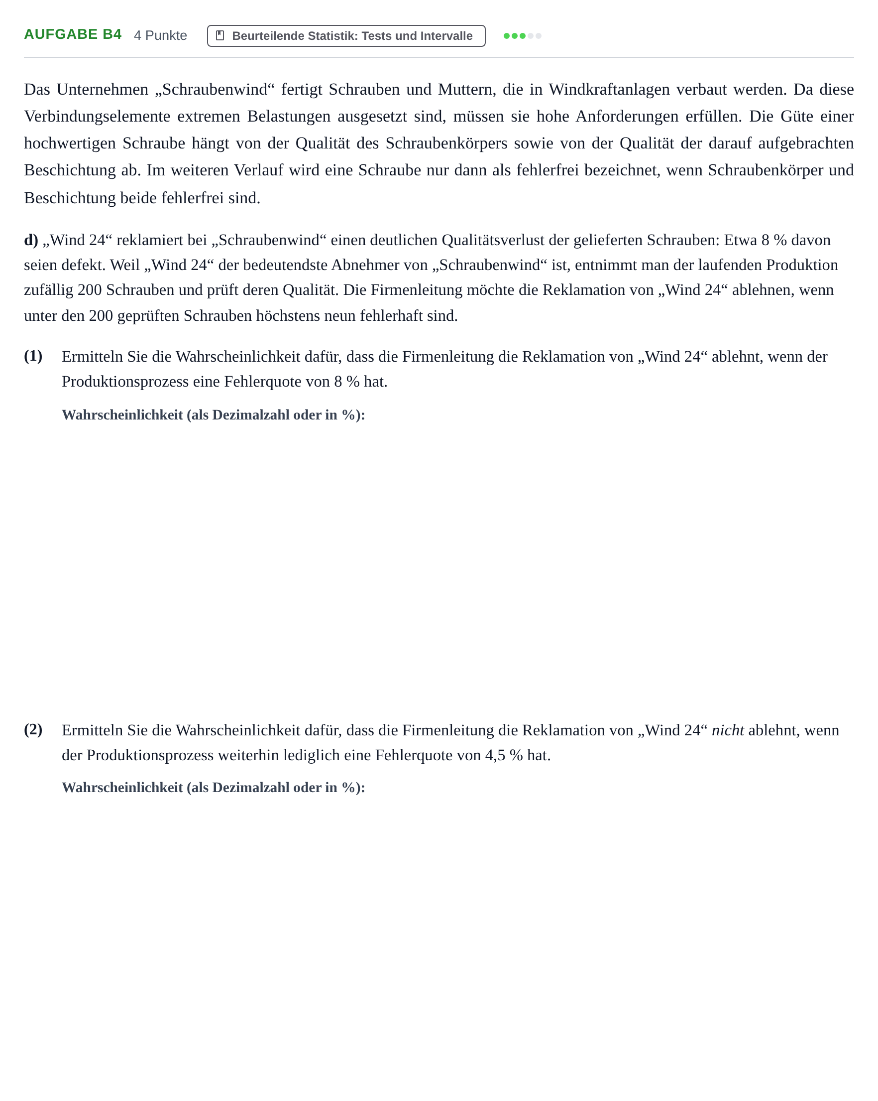 Aufgabenstellung: Aufgabe B4 - Beurteilende Statistik · Abitur NRW Mathematik GK · Haupttermin · GTR 2022