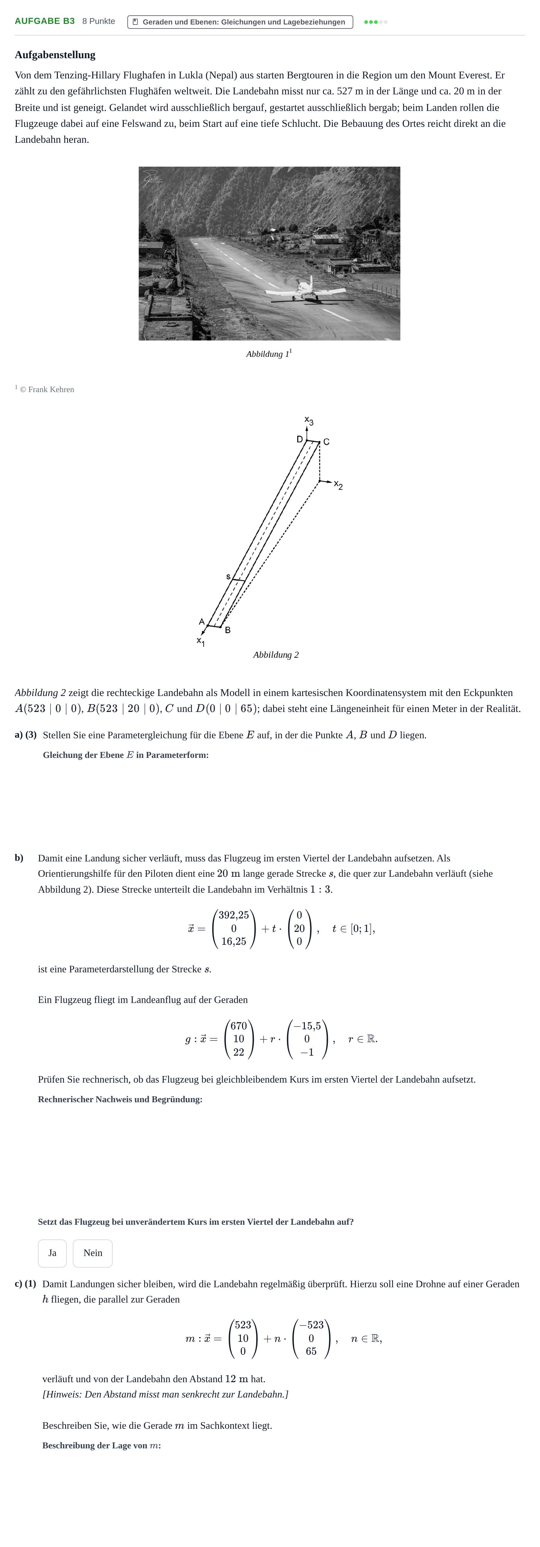 Aufgabenstellung: Aufgabe B3 - Geraden und Ebenen · Abitur NRW Mathematik GK · Nachtermin · CAS 2022
