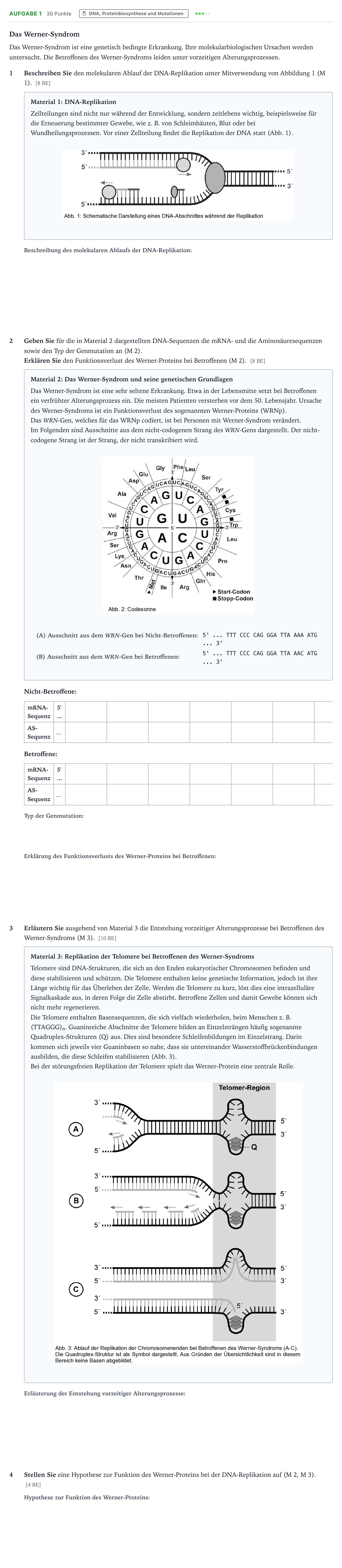 Aufgabenstellung: Aufgabe 1 · Abitur NRW Biologie GK · Werner-Syndrom 2026