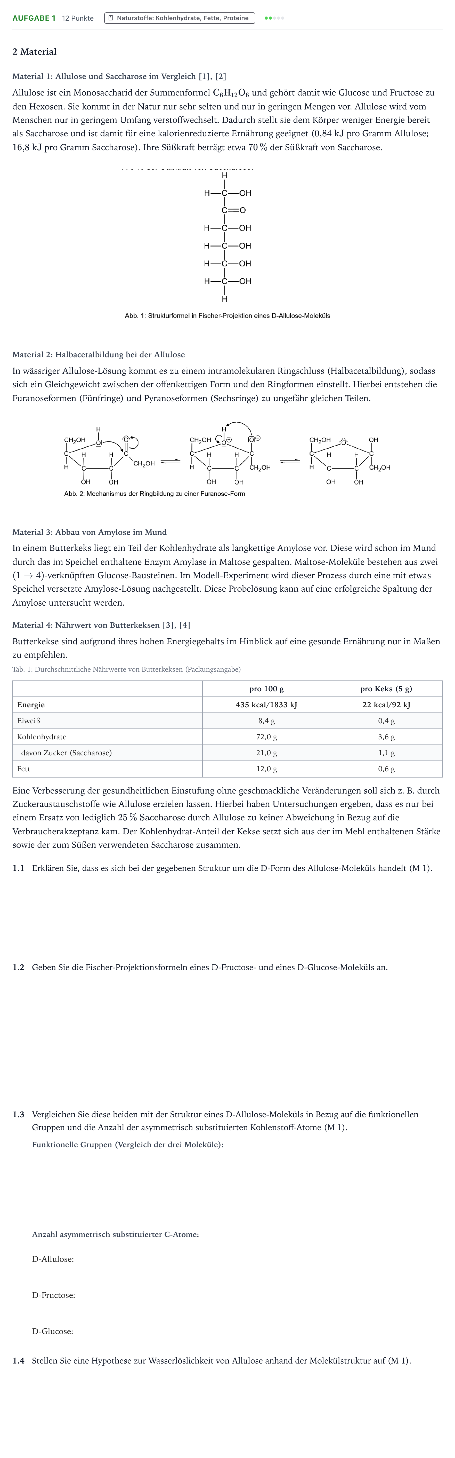 Aufgabenstellung: Aufgabe 1 · Abitur NRW Chemie LK · Allulose – eine energiearme Alterna 2026