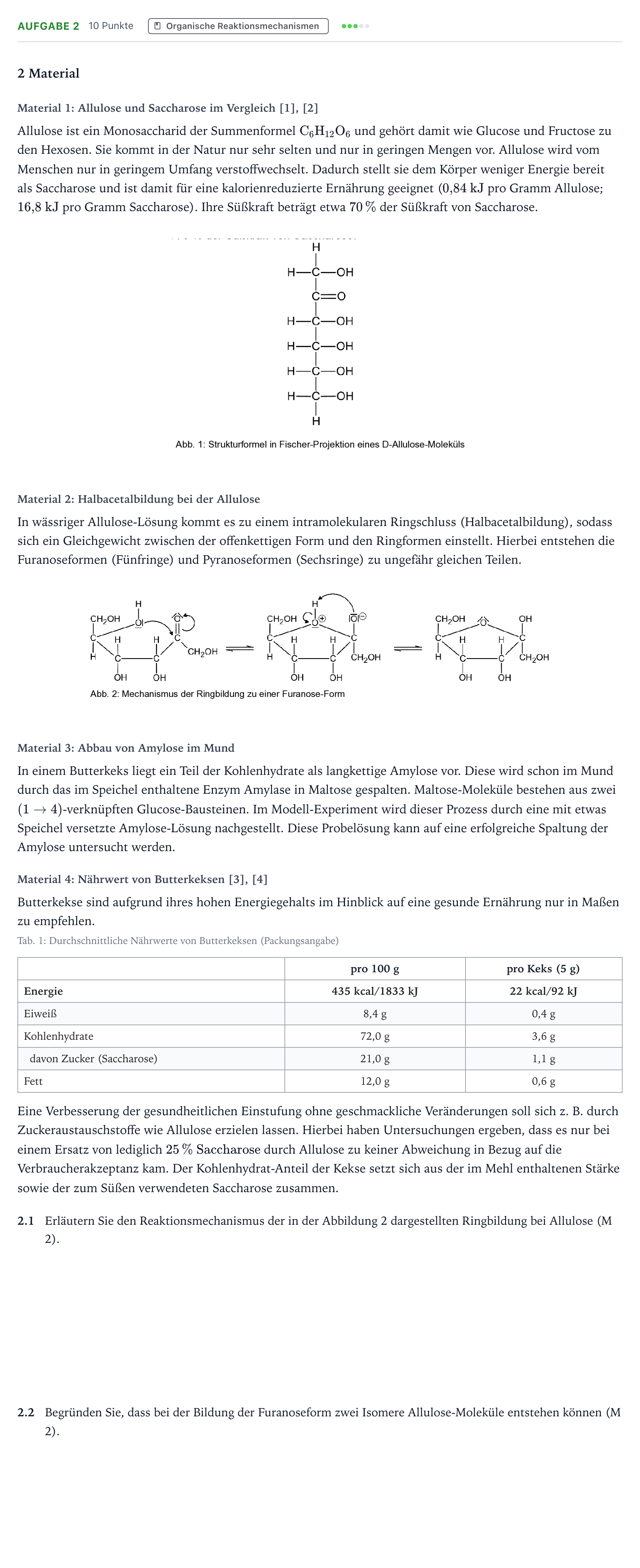 Aufgabenstellung: Aufgabe 2 · Abitur NRW Chemie LK · Allulose – eine energiearme Alterna 2026