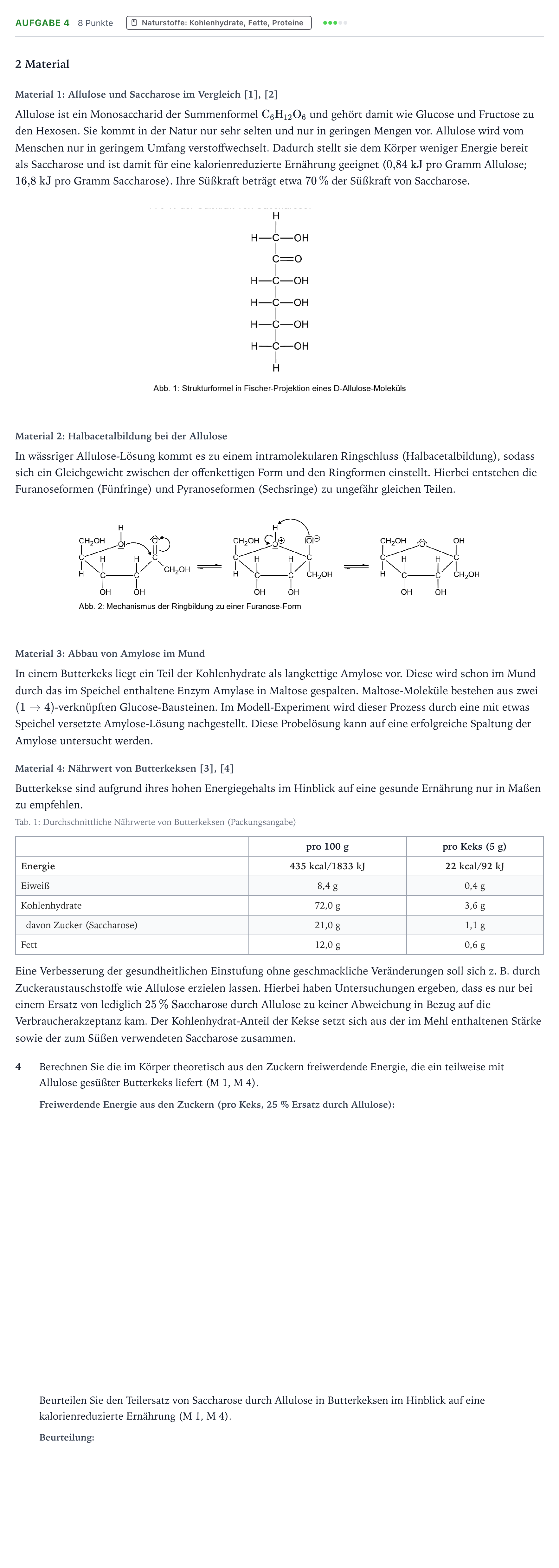 Aufgabenstellung: Aufgabe 4 · Abitur NRW Chemie LK · Allulose – eine energiearme Alterna 2026