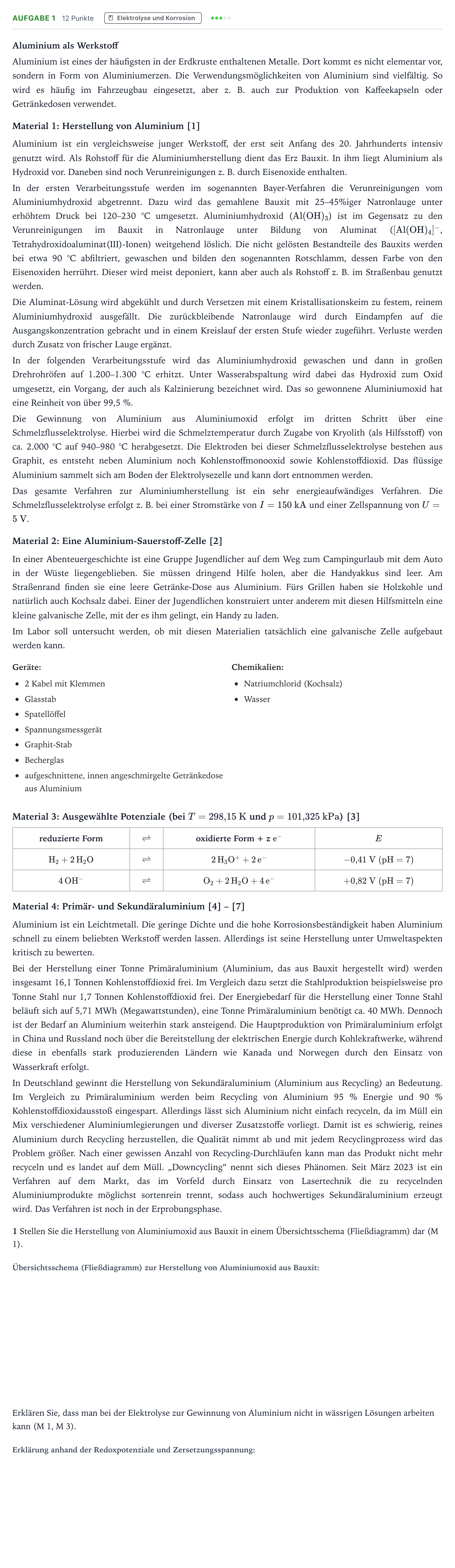 Aufgabenstellung: Aufgabe 1 · Abitur NRW Chemie LK · Aluminium als Werkstoff 2026