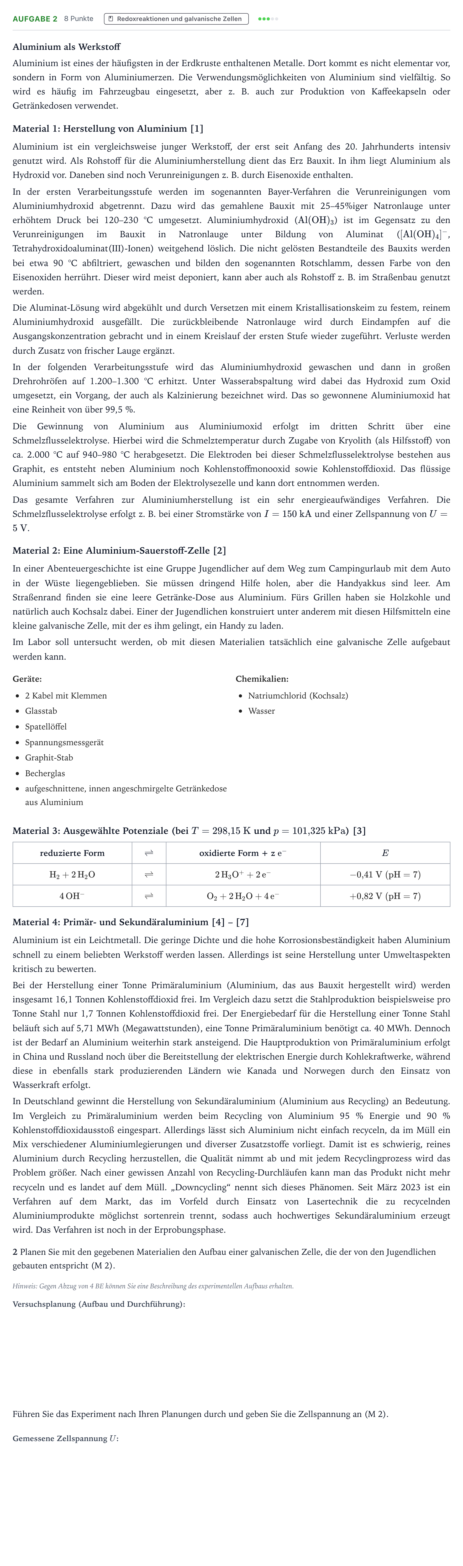 Aufgabenstellung: Aufgabe 2 · Abitur NRW Chemie LK · Aluminium als Werkstoff 2026