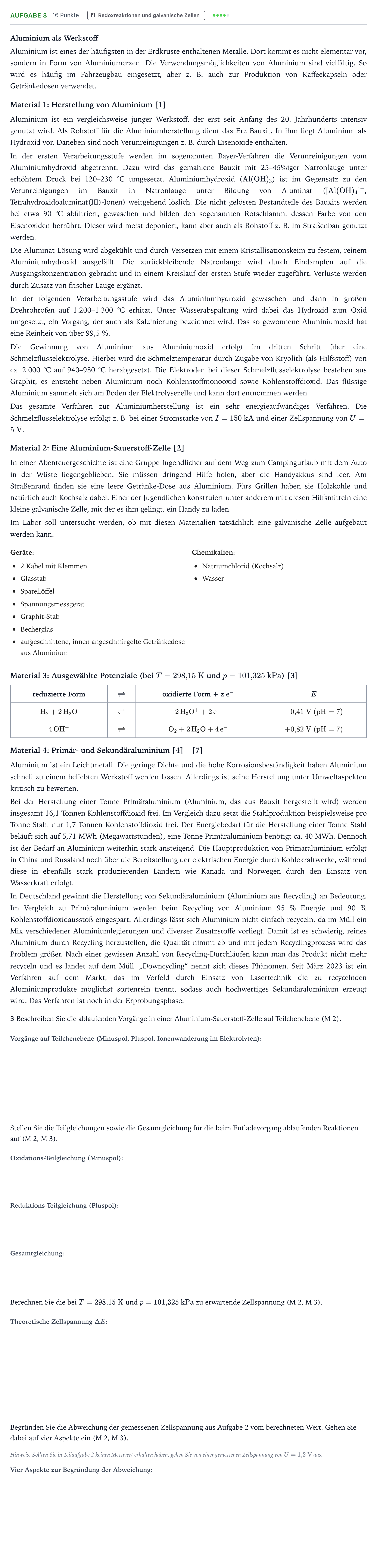 Aufgabenstellung: Aufgabe 3 · Abitur NRW Chemie LK · Aluminium als Werkstoff 2026