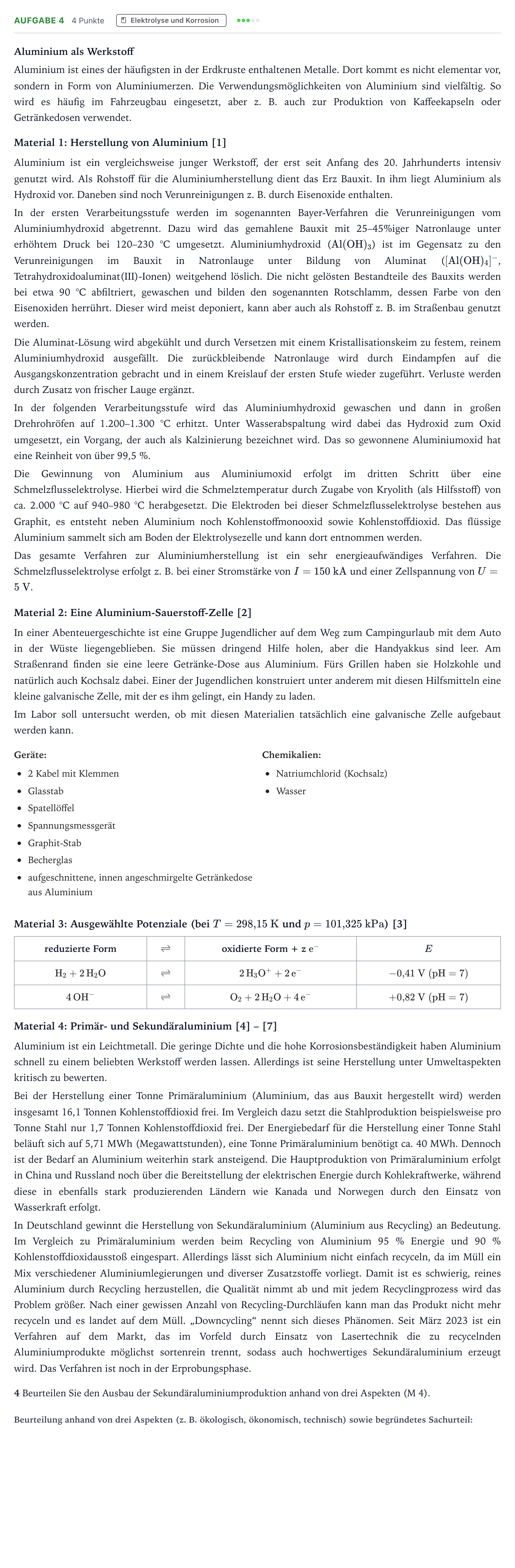 Aufgabenstellung: Aufgabe 4 · Abitur NRW Chemie LK · Aluminium als Werkstoff 2026