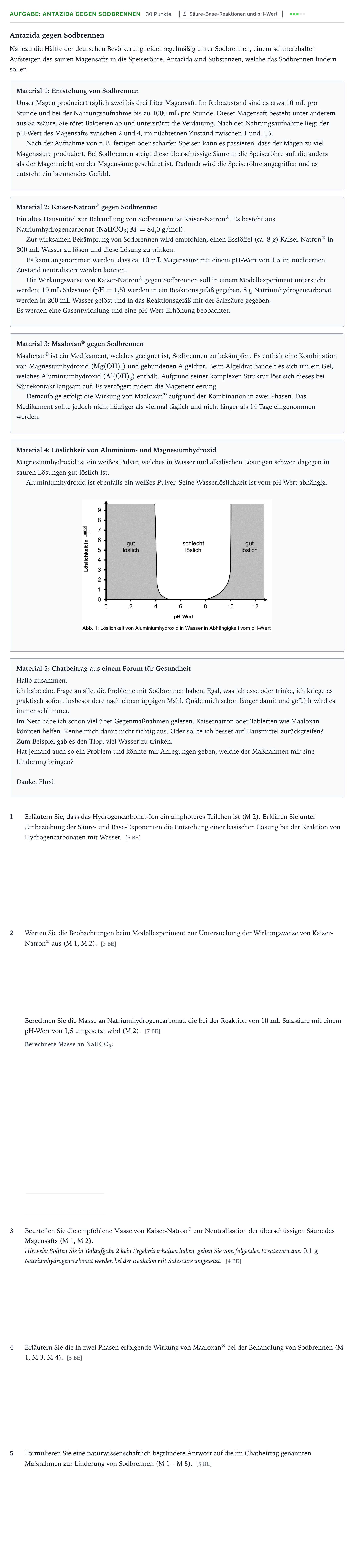 Aufgabenstellung: Aufgabe: Antazida gegen Sodbrennen · Abitur NRW Chemie GK · Antazida gegen Sodbrennen 2026