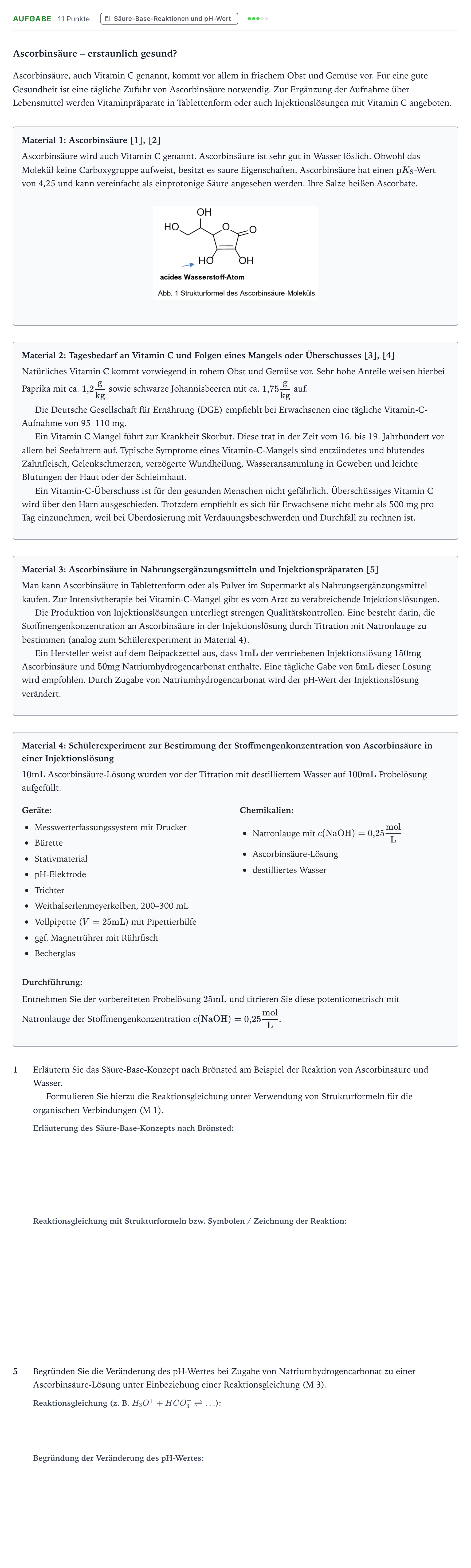 Aufgabenstellung: Aufgabe - Säure-Base-Reaktionen und pH-Wert · Abitur NRW Chemie LK · Ascorbinsäure – erstaunlich gesund? 2026