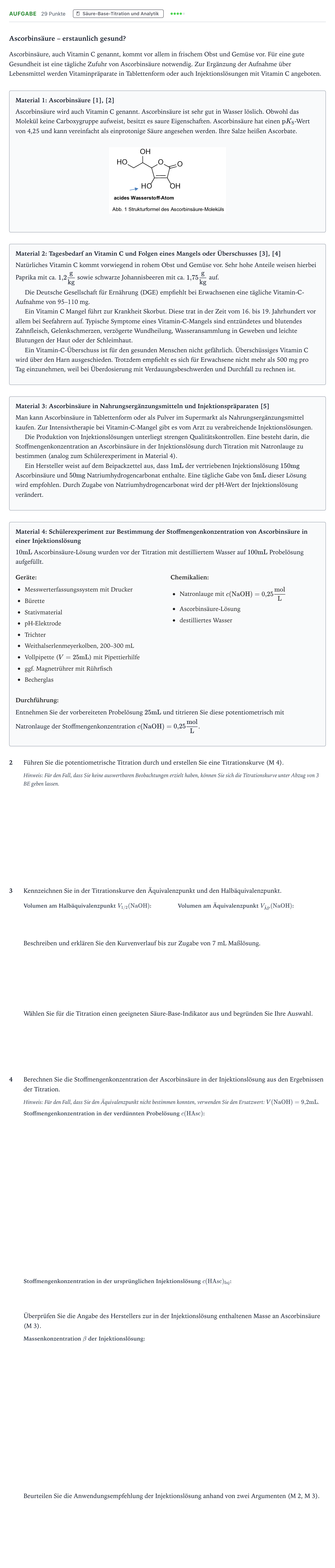 Aufgabenstellung: Aufgabe - Säure-Base-Titration und Analytik · Abitur NRW Chemie LK · Ascorbinsäure – erstaunlich gesund? 2026