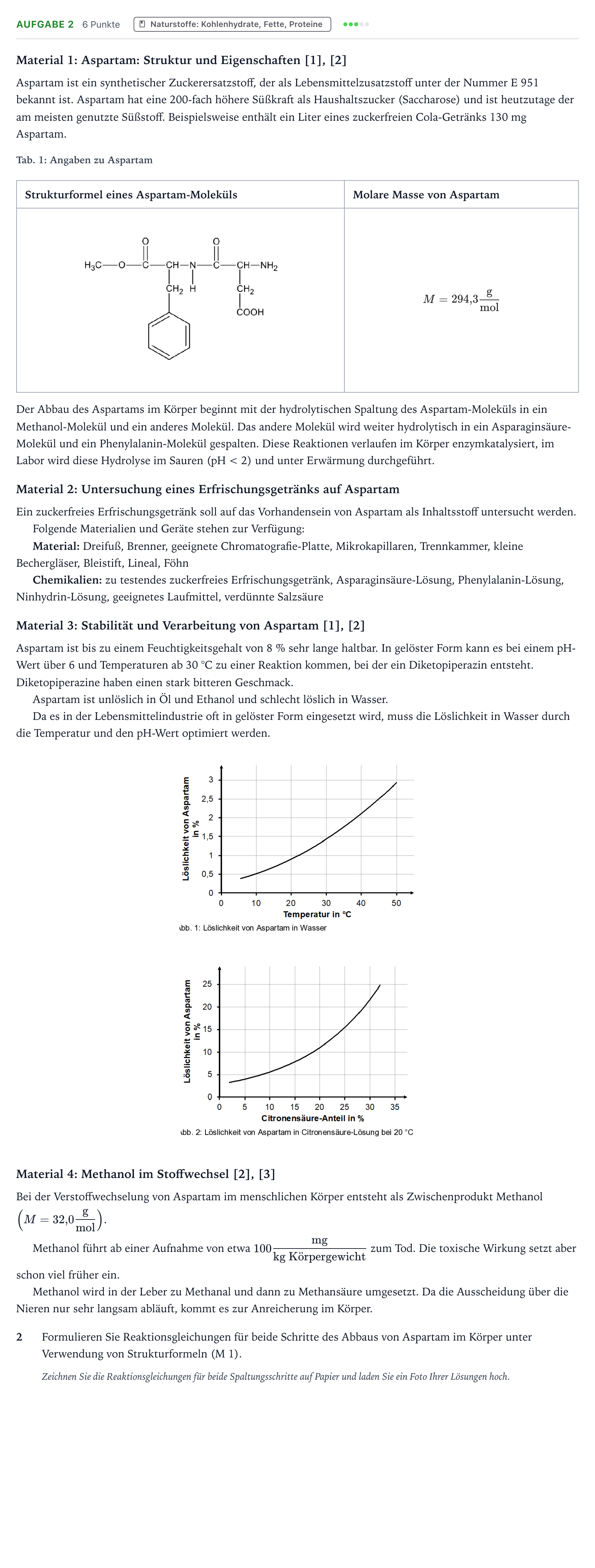 Aufgabenstellung: Aufgabe 2 · Abitur NRW Chemie LK · Aspartam – ein gefahrloser Zuckerer 2026