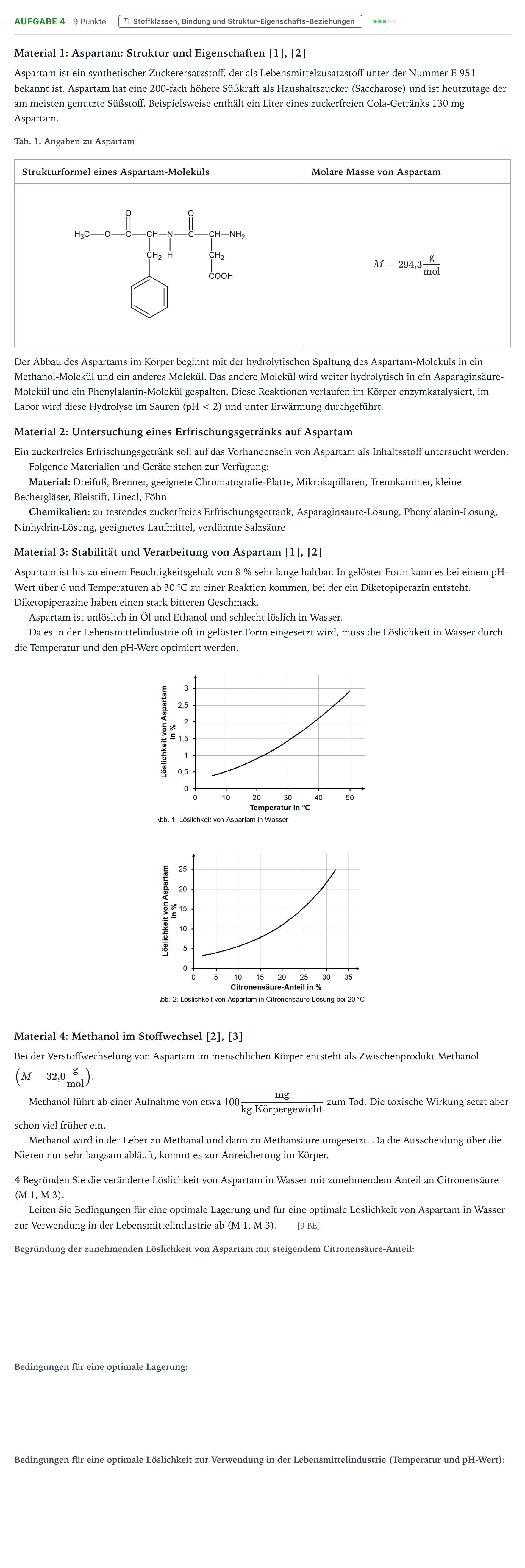 Aufgabenstellung: Aufgabe 4 · Abitur NRW Chemie LK · Aspartam – ein gefahrloser Zuckerer 2026
