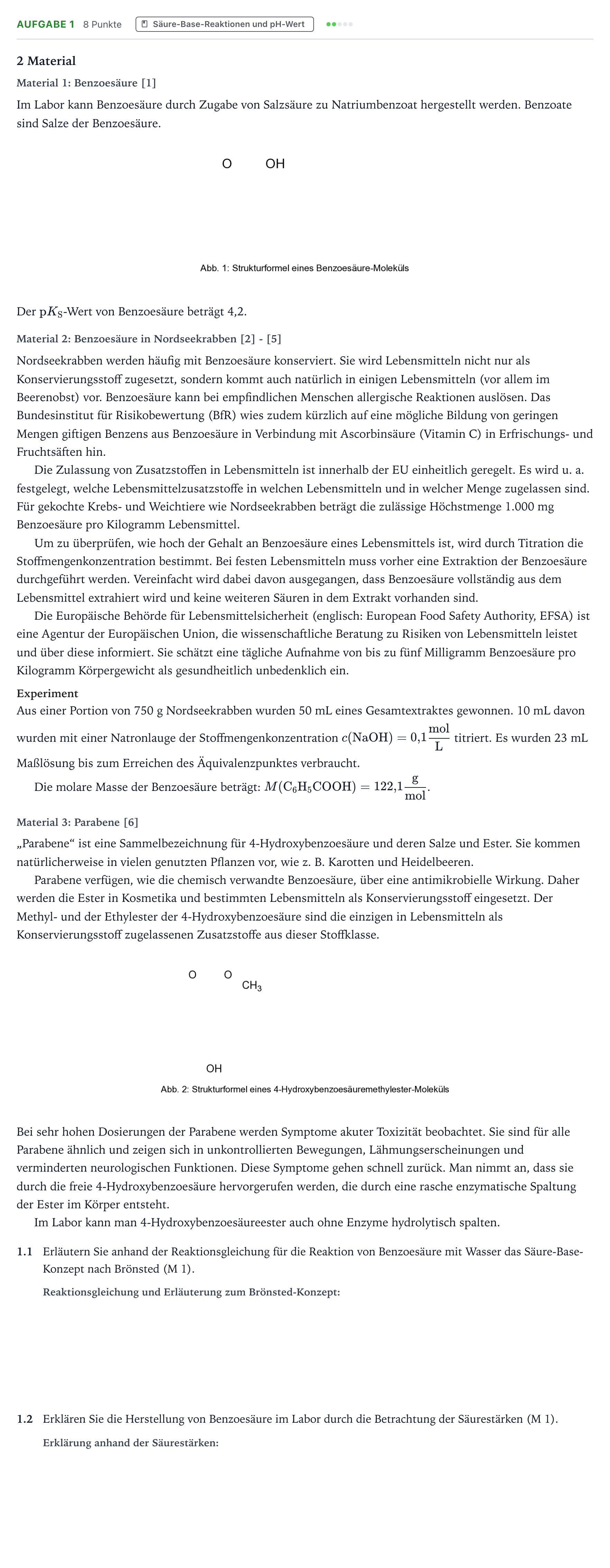 Aufgabenstellung: Aufgabe 1 · Abitur NRW Chemie GK · Benzoesäure 2025