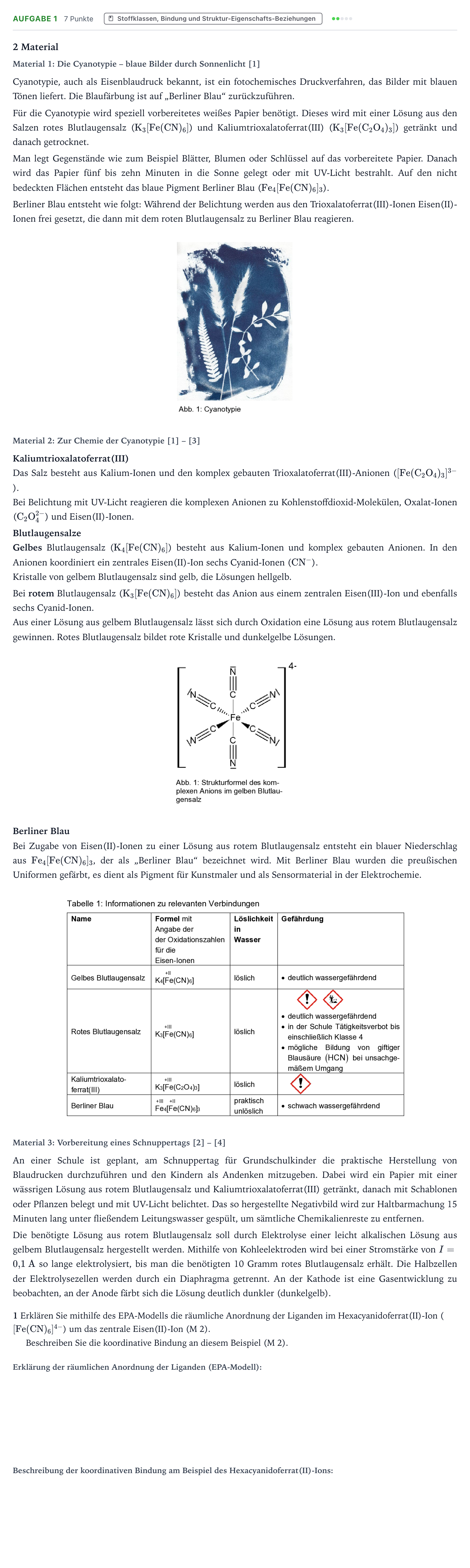 Aufgabenstellung: Aufgabe 1 · Abitur NRW Chemie LK · Cyanotypie – fotochemischer Blaudru 2026