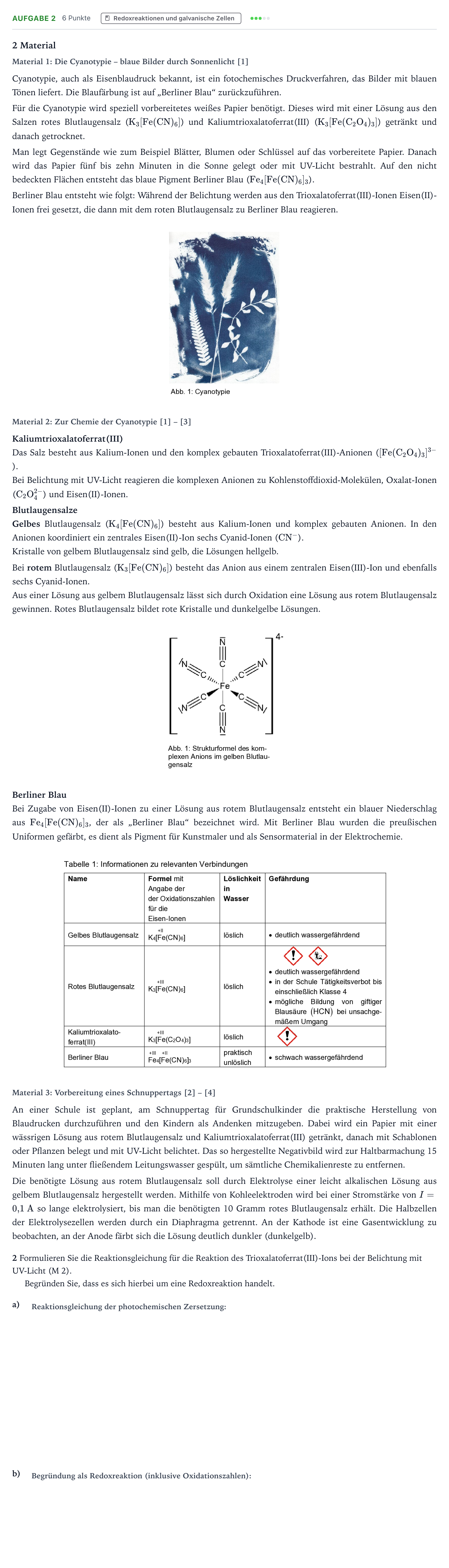 Aufgabenstellung: Aufgabe 2 · Abitur NRW Chemie LK · Cyanotypie – fotochemischer Blaudru 2026