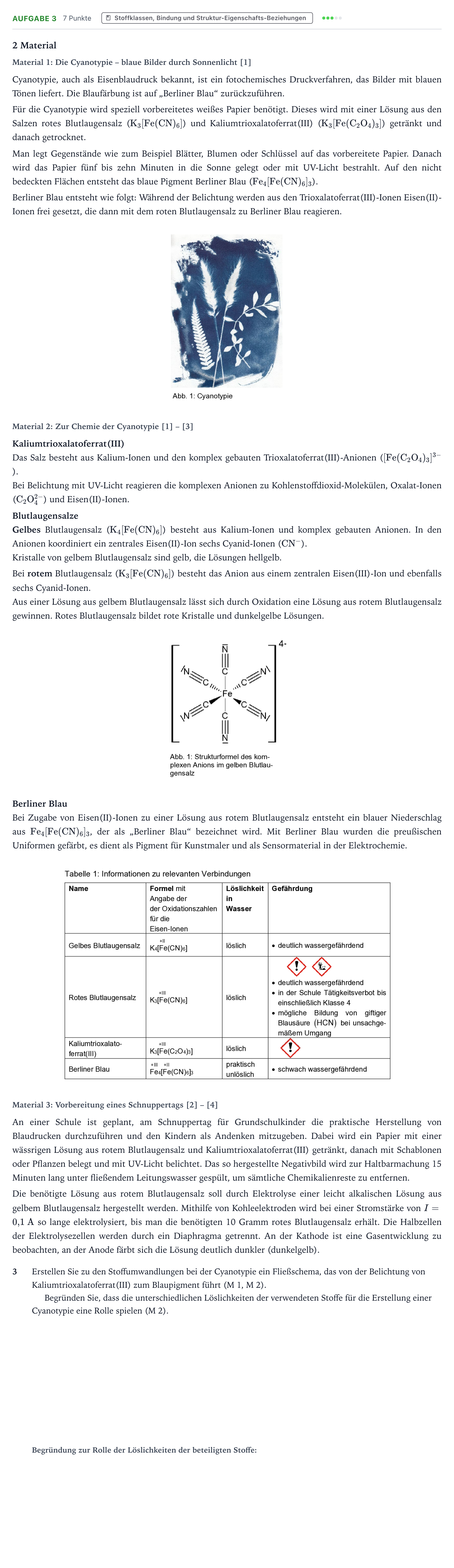 Aufgabenstellung: Aufgabe 3 · Abitur NRW Chemie LK · Cyanotypie – fotochemischer Blaudru 2026