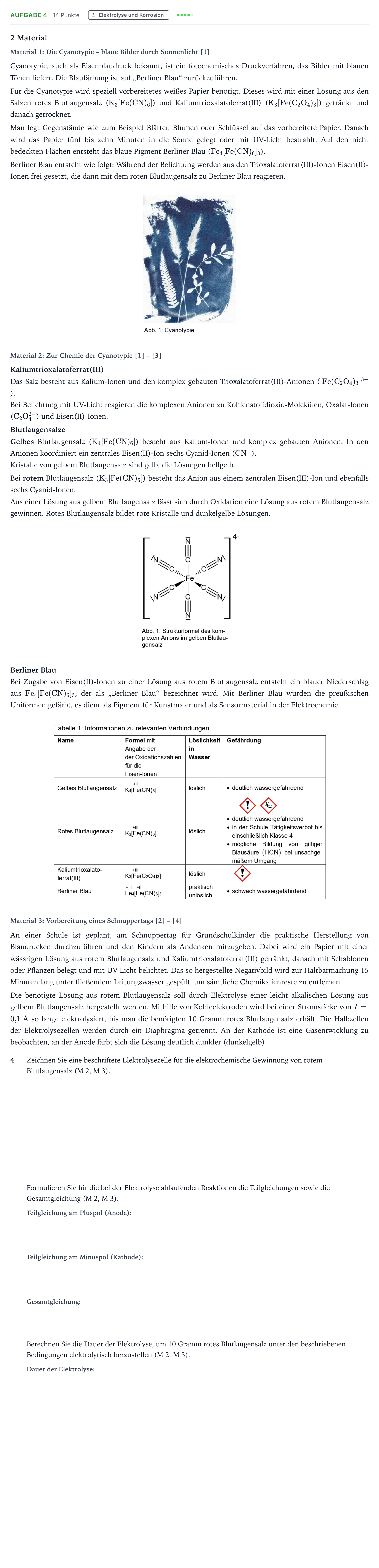 Aufgabenstellung: Aufgabe 4 · Abitur NRW Chemie LK · Cyanotypie – fotochemischer Blaudru 2026