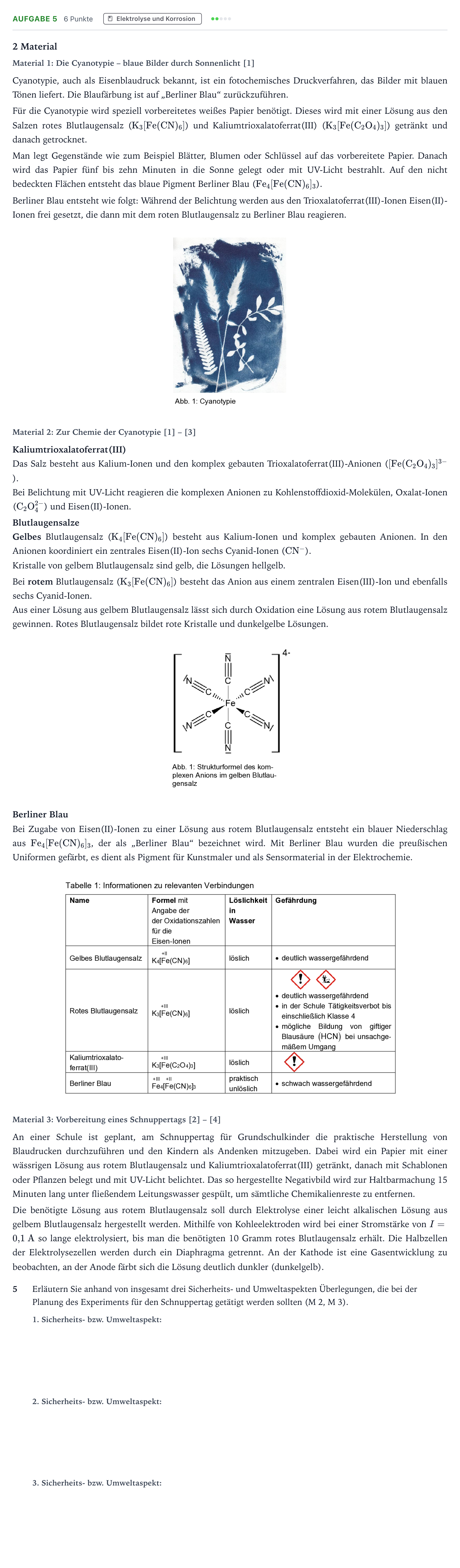 Aufgabenstellung: Aufgabe 5 · Abitur NRW Chemie LK · Cyanotypie – fotochemischer Blaudru 2026