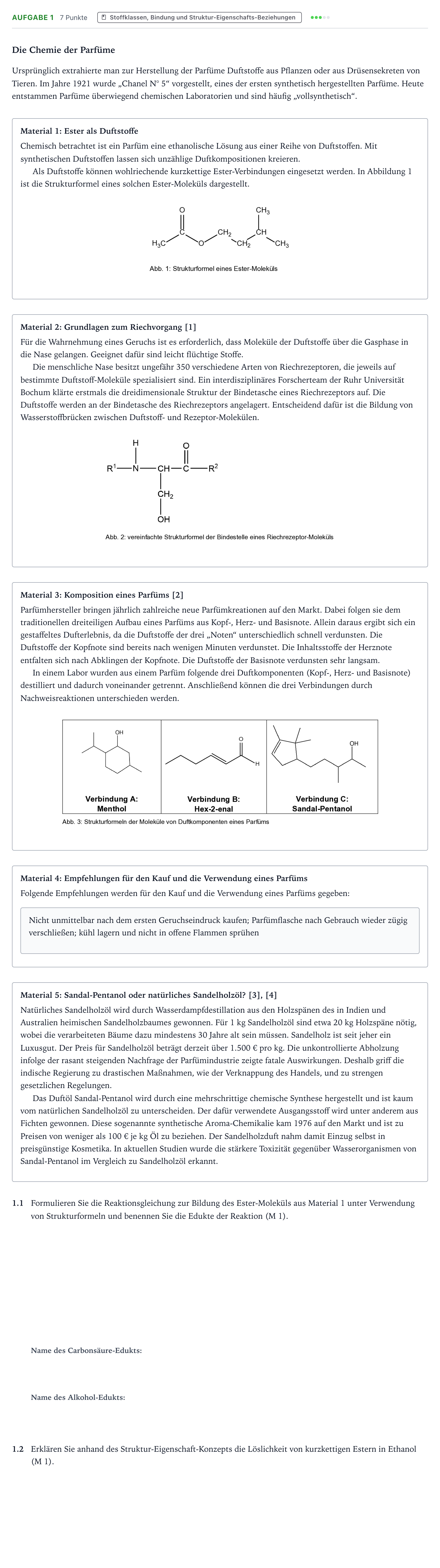 Aufgabenstellung: Aufgabe 1 · Abitur NRW Chemie GK · Die Chemie der Parfüme 2025