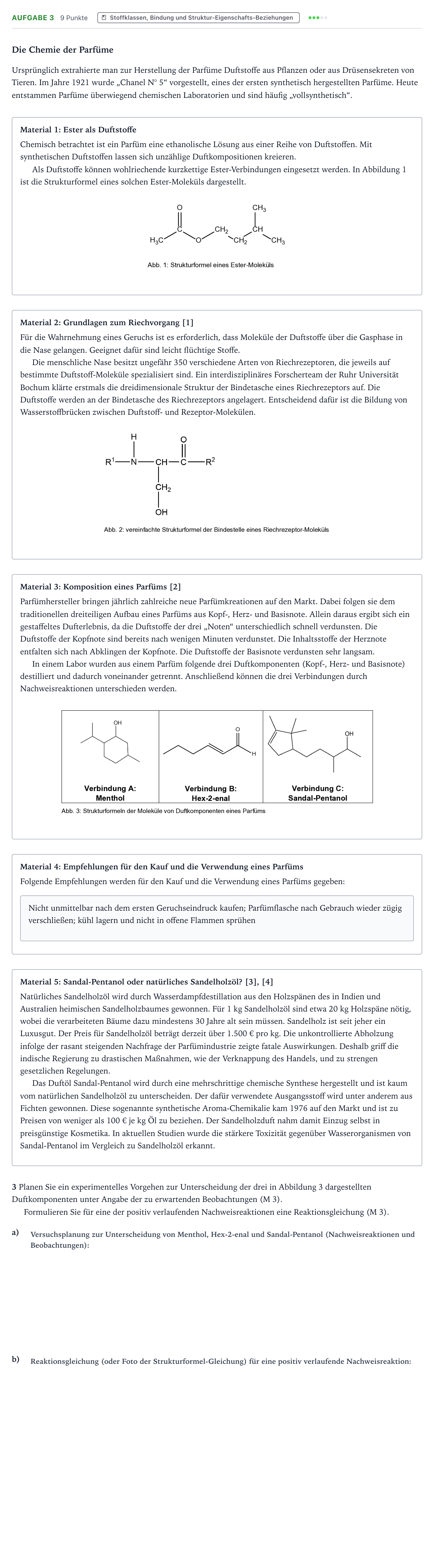 Aufgabenstellung: Aufgabe 3 · Abitur NRW Chemie GK · Die Chemie der Parfüme 2025