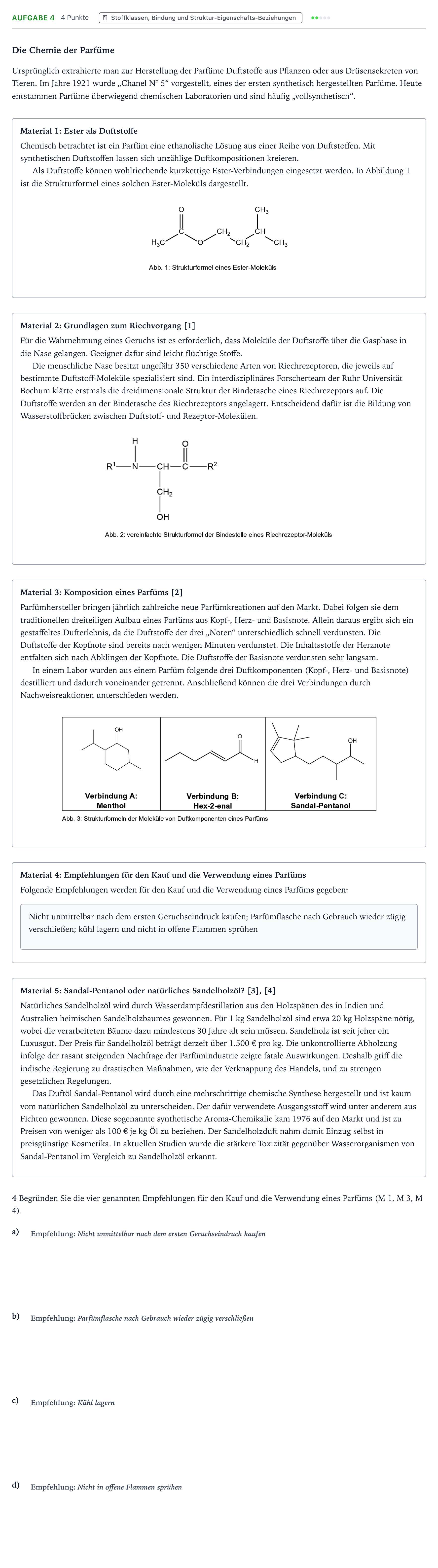 Aufgabenstellung: Aufgabe 4 · Abitur NRW Chemie GK · Die Chemie der Parfüme 2025