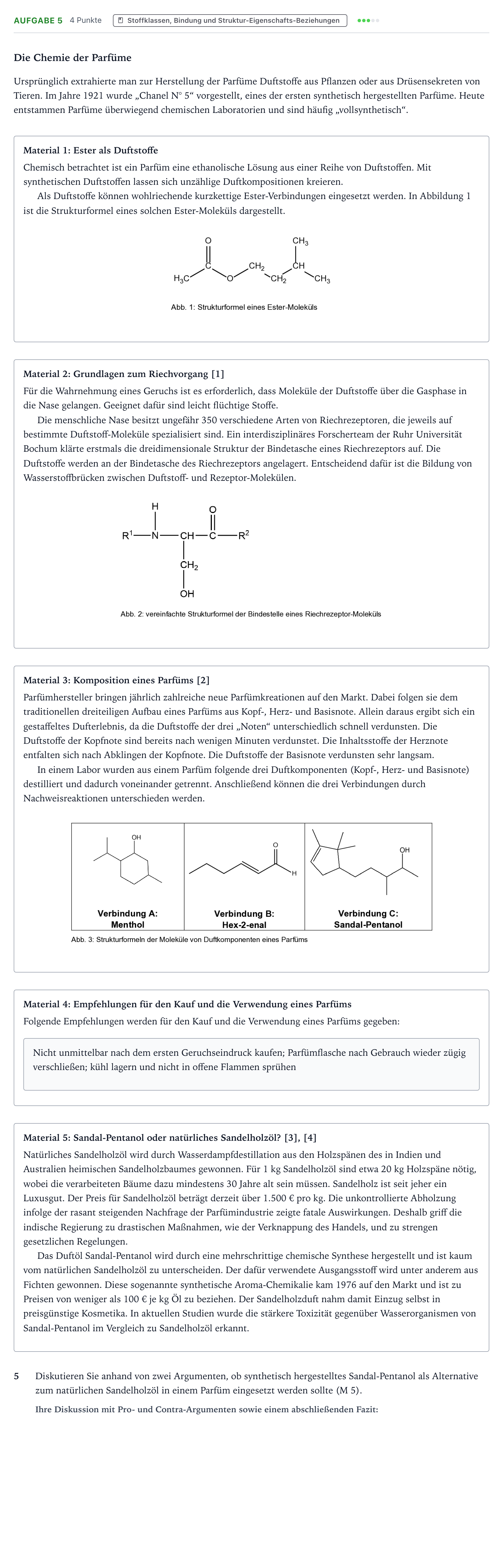 Aufgabenstellung: Aufgabe 5 · Abitur NRW Chemie GK · Die Chemie der Parfüme 2025