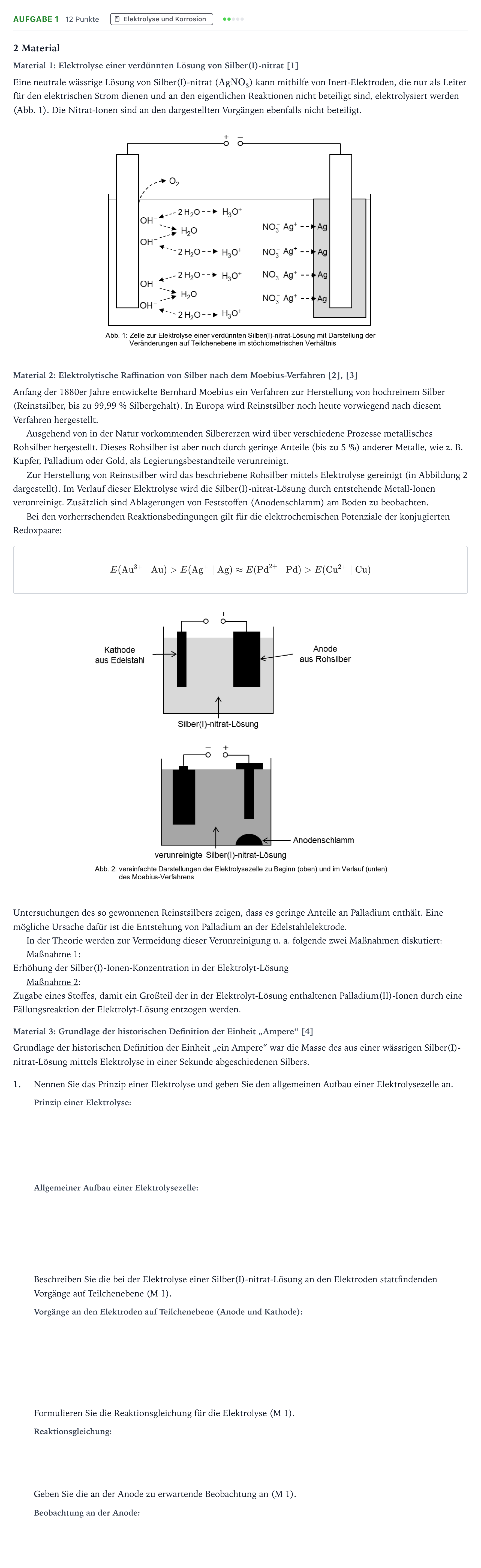 Aufgabenstellung: Aufgabe 1 · Abitur NRW Chemie LK · Elektrolytische Herstellung von Rei 2026