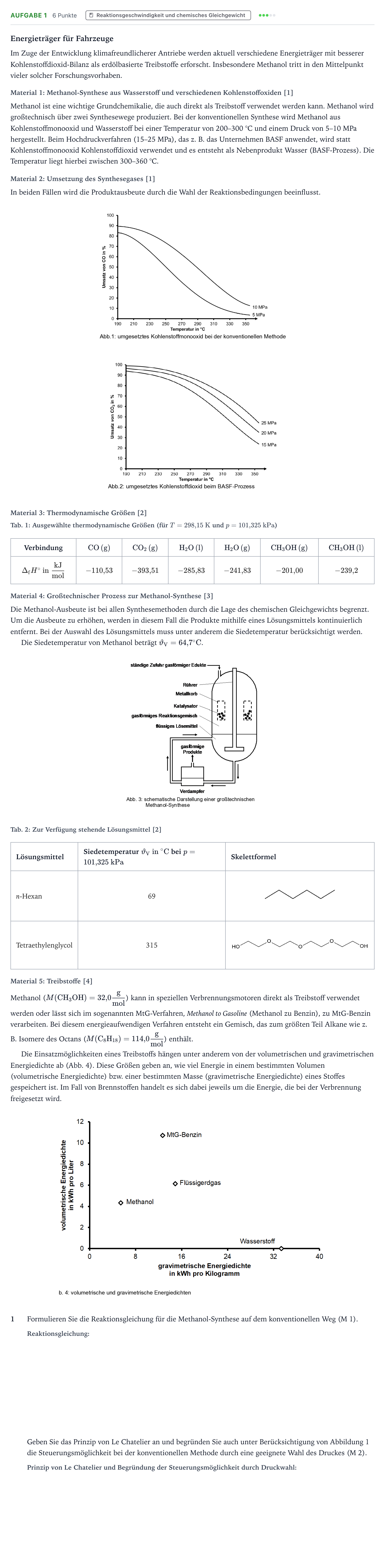 Aufgabenstellung: Aufgabe 1 · Abitur NRW Chemie LK · Energieträger für Fahrzeuge 2025