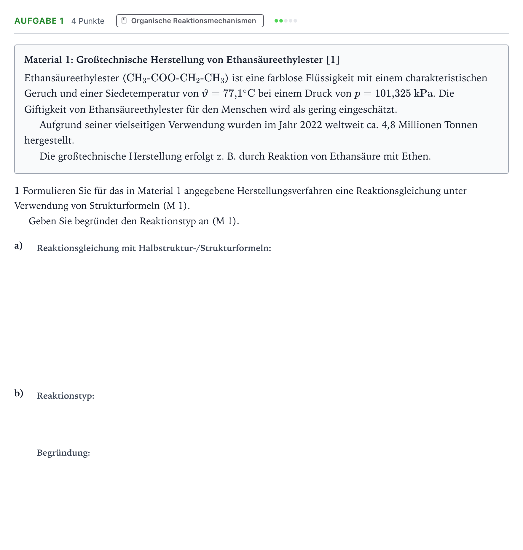 Aufgabenstellung: Aufgabe 1 · Abitur NRW Chemie LK · Ethansäureethylester 2026