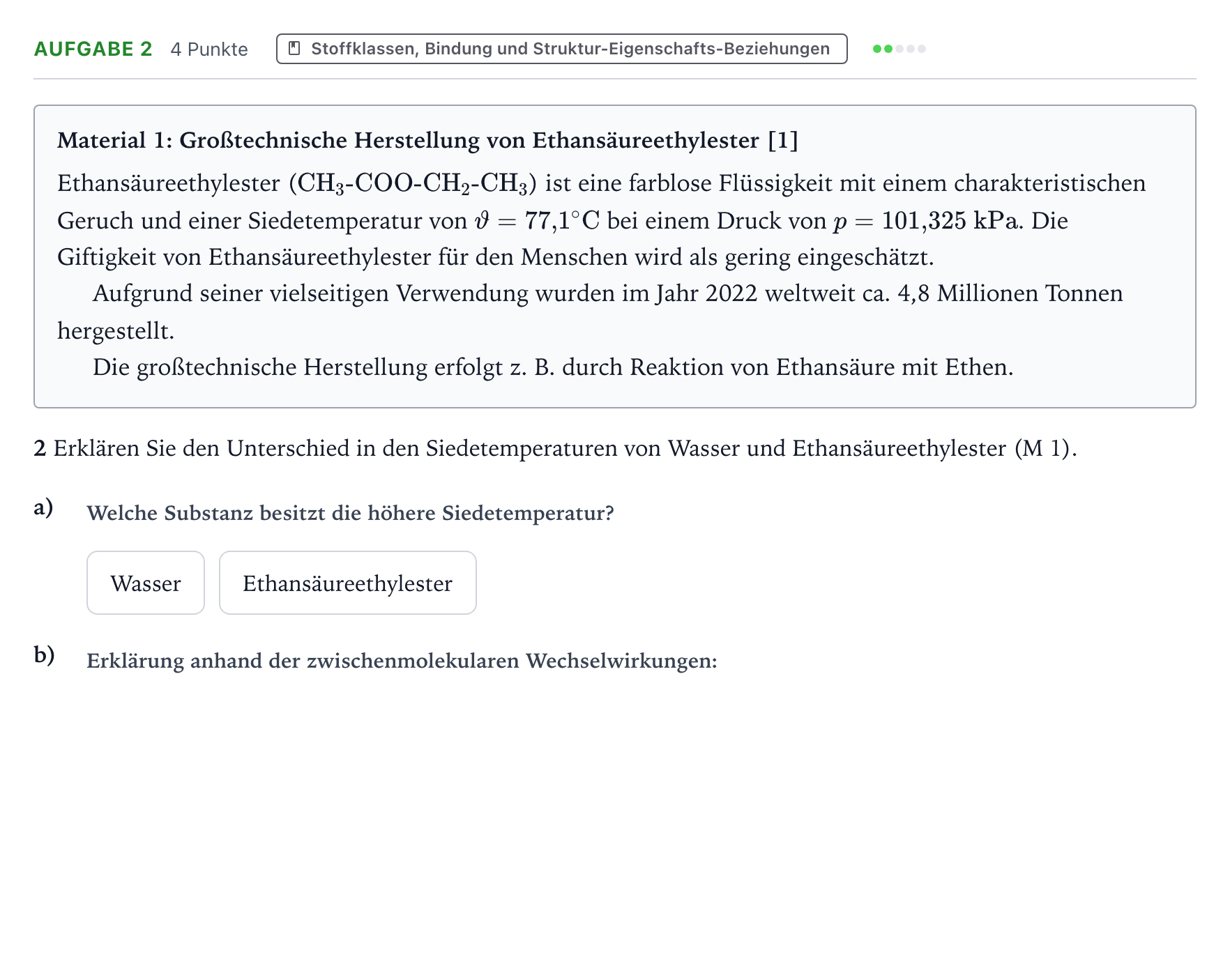 Aufgabenstellung: Aufgabe 2 · Abitur NRW Chemie LK · Ethansäureethylester 2026