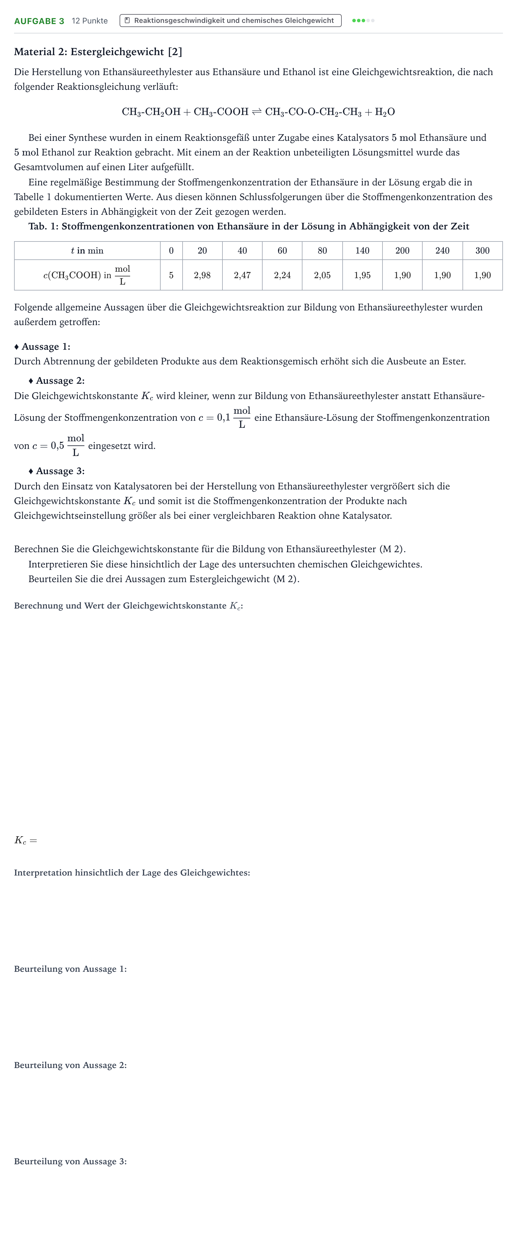 Aufgabenstellung: Aufgabe 3 · Abitur NRW Chemie LK · Ethansäureethylester 2026