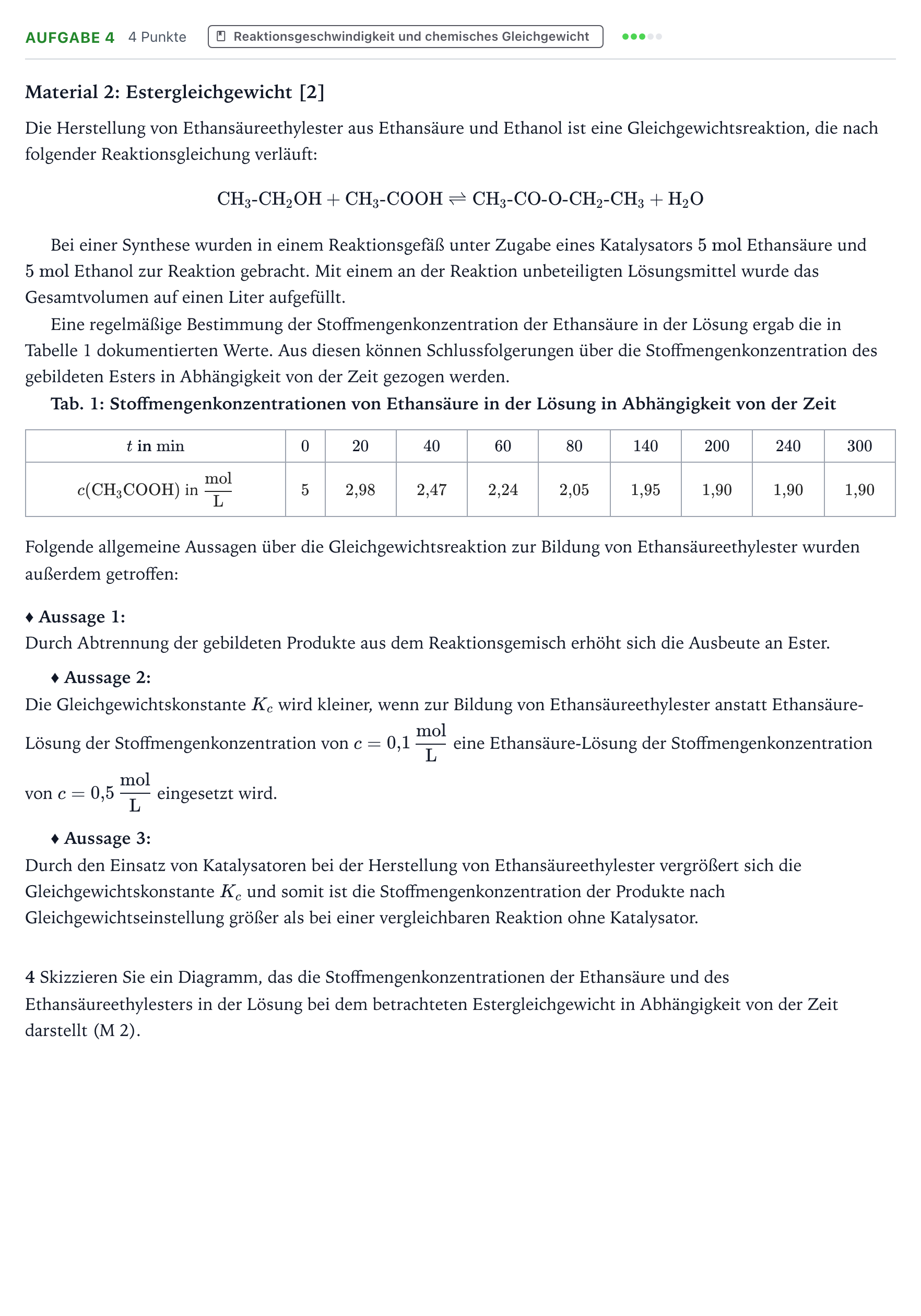 Aufgabenstellung: Aufgabe 4 · Abitur NRW Chemie LK · Ethansäureethylester 2026