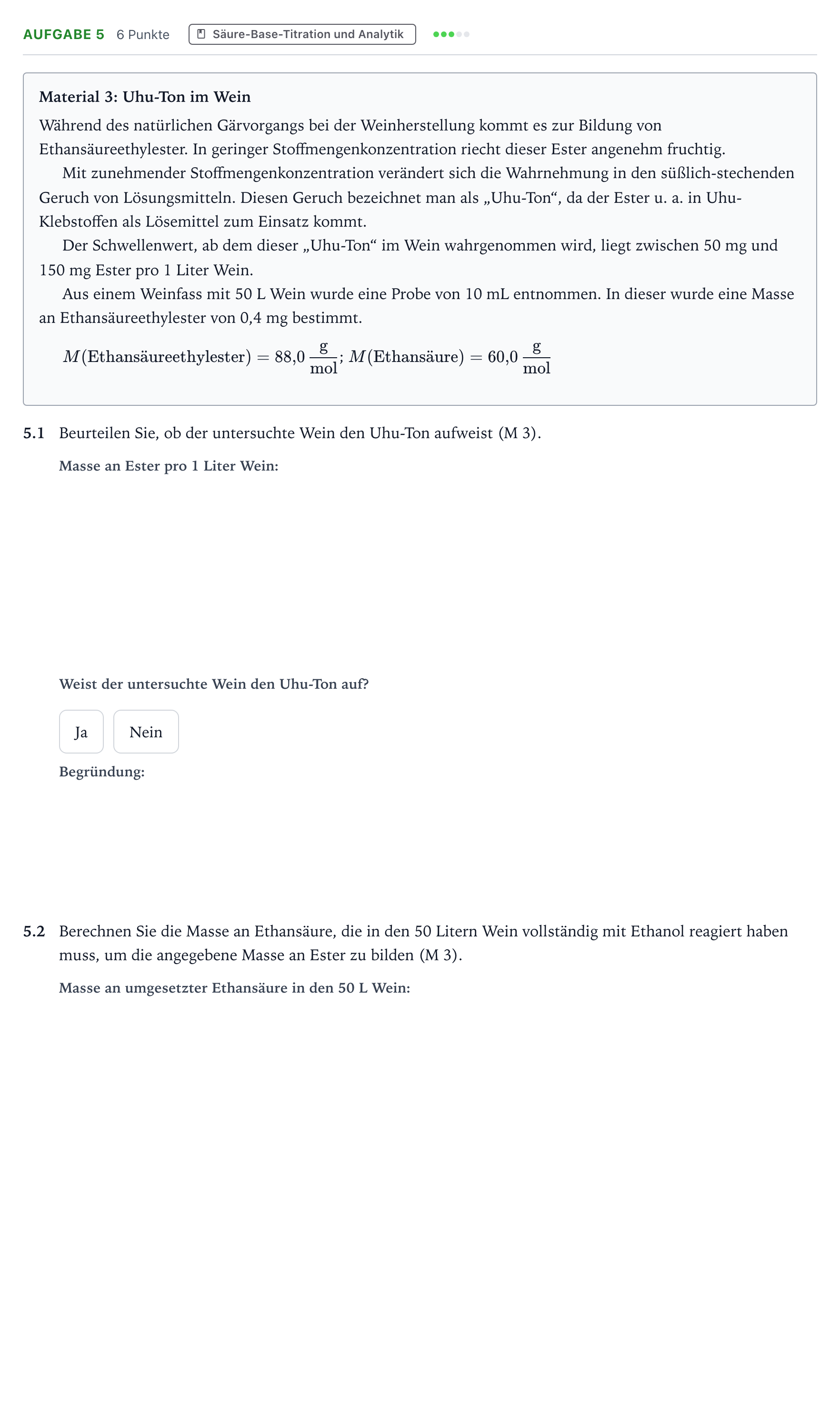 Aufgabenstellung: Aufgabe 5 · Abitur NRW Chemie LK · Ethansäureethylester 2026