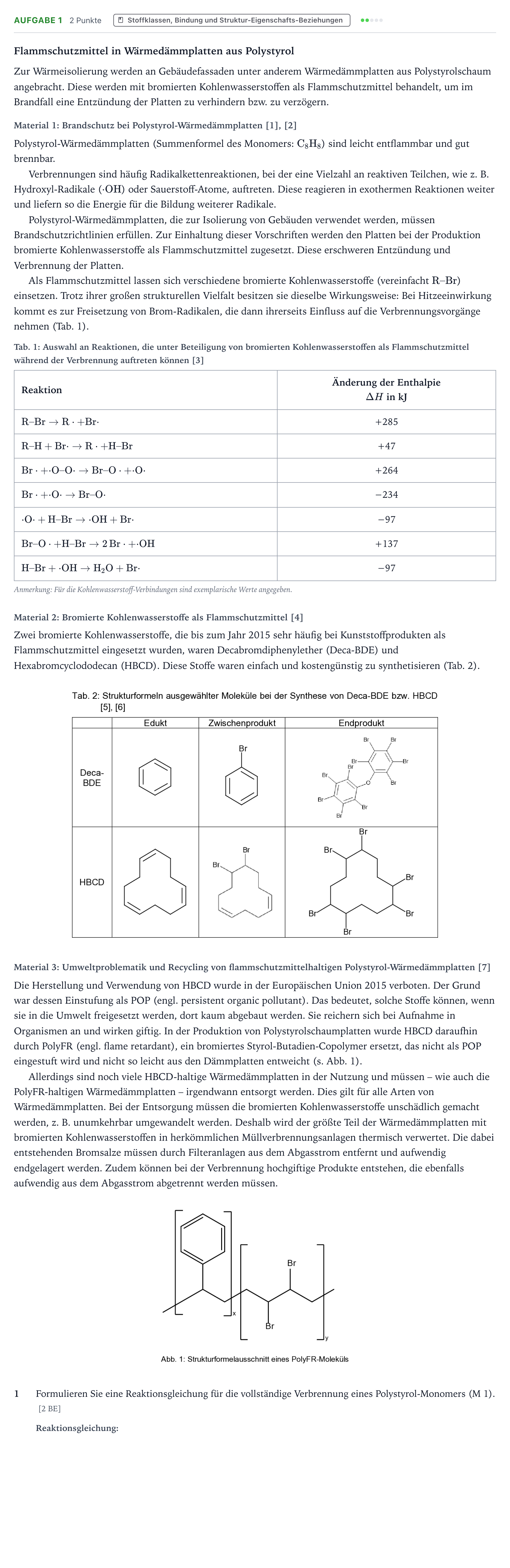 Aufgabenstellung: Aufgabe 1 · Abitur NRW Chemie LK · Flammschutzmittel 2025