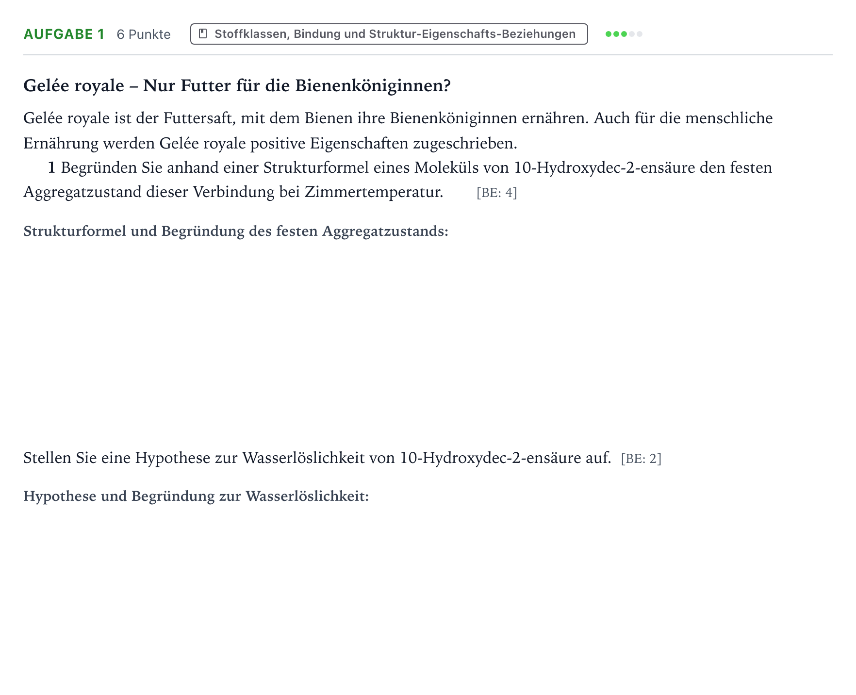 Aufgabenstellung: Aufgabe 1 · Abitur NRW Chemie GK · Gelée royale 2025